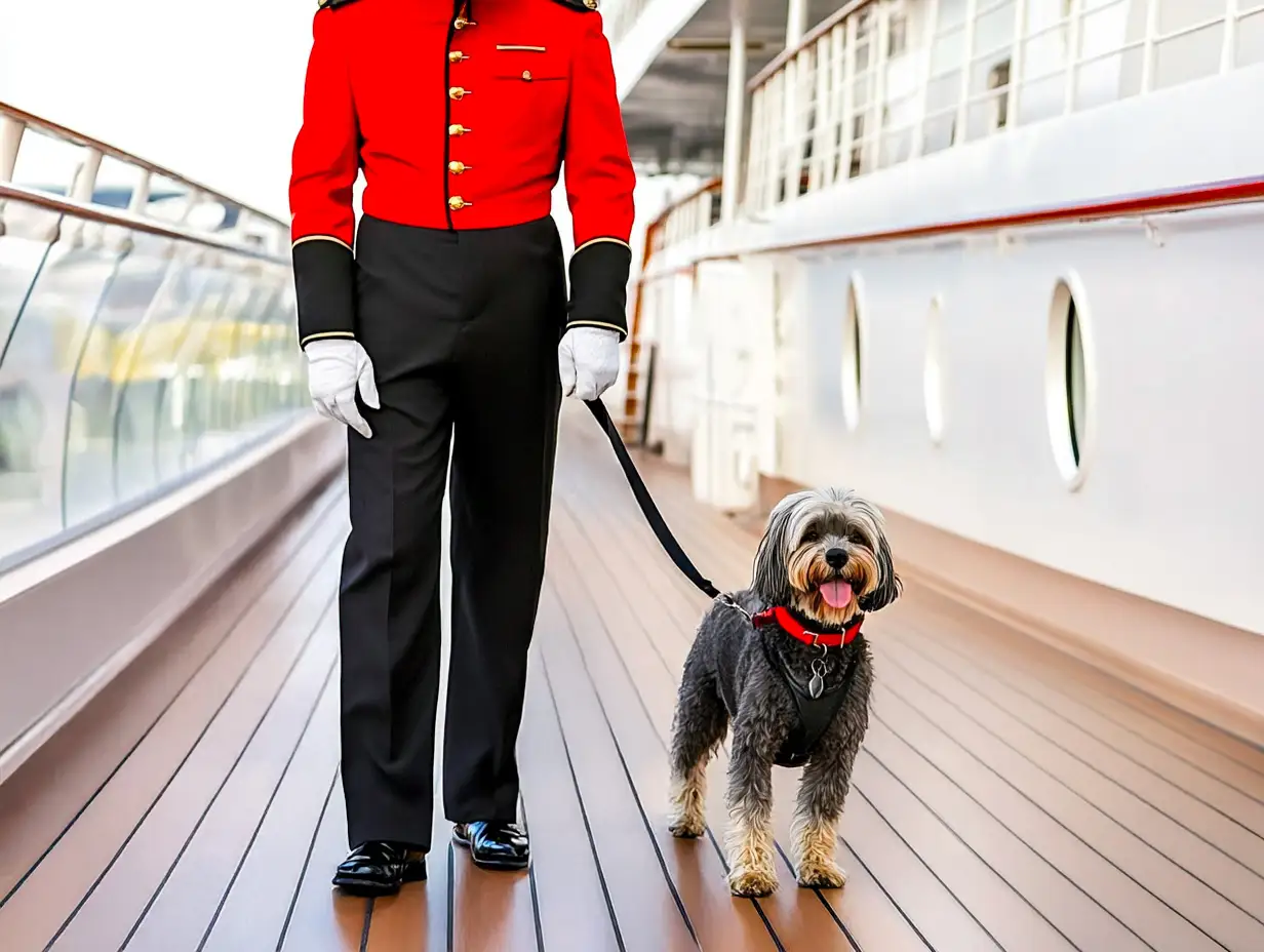 A dog on the deck of the Queen Mary 2 cruise ship