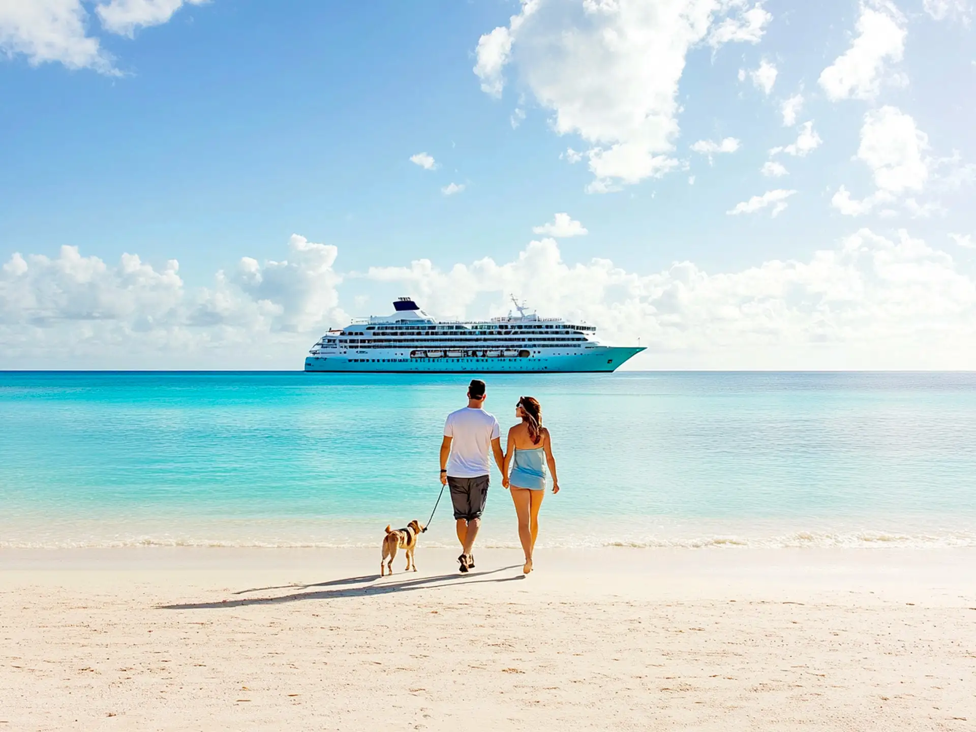 A man and woman strolling with their dog on a beach near a docked cruise ship in the Caribbean