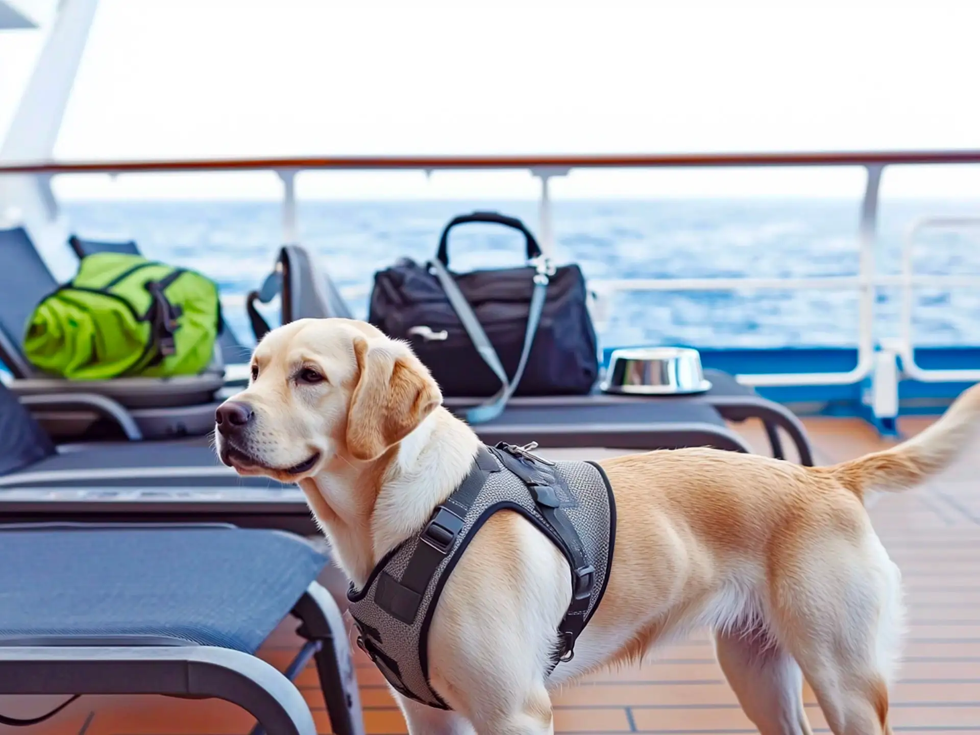 A Labrador Retriever wearing a harness stands confidently on a cruise ship deck with a travel bag, leash, and water bowl nearby