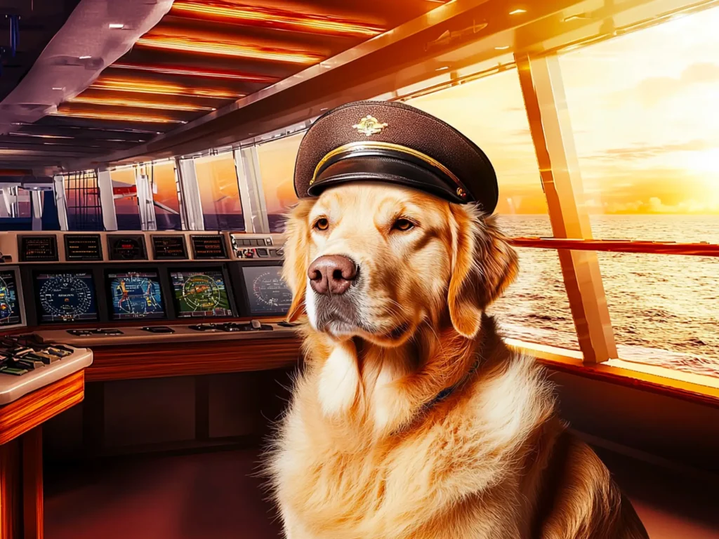 A Golden Retriever in a captain’s hat sitting in the control room of a luxury cruise ship, symbolizing the future of dog-friendly cruise lines