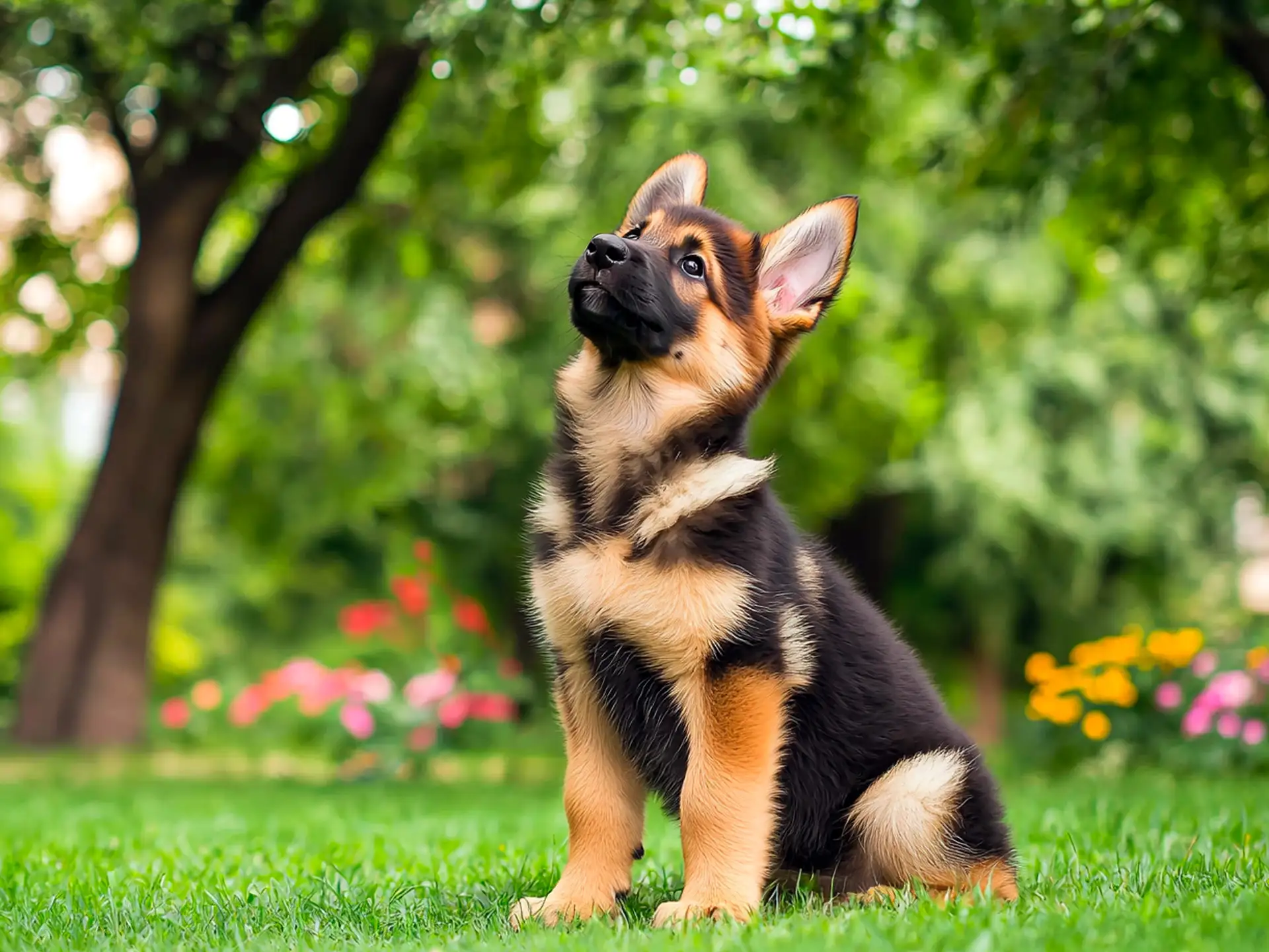 A 3-month-old German Shepherd puppy attentively looking up in a garden with vibrant flowers.