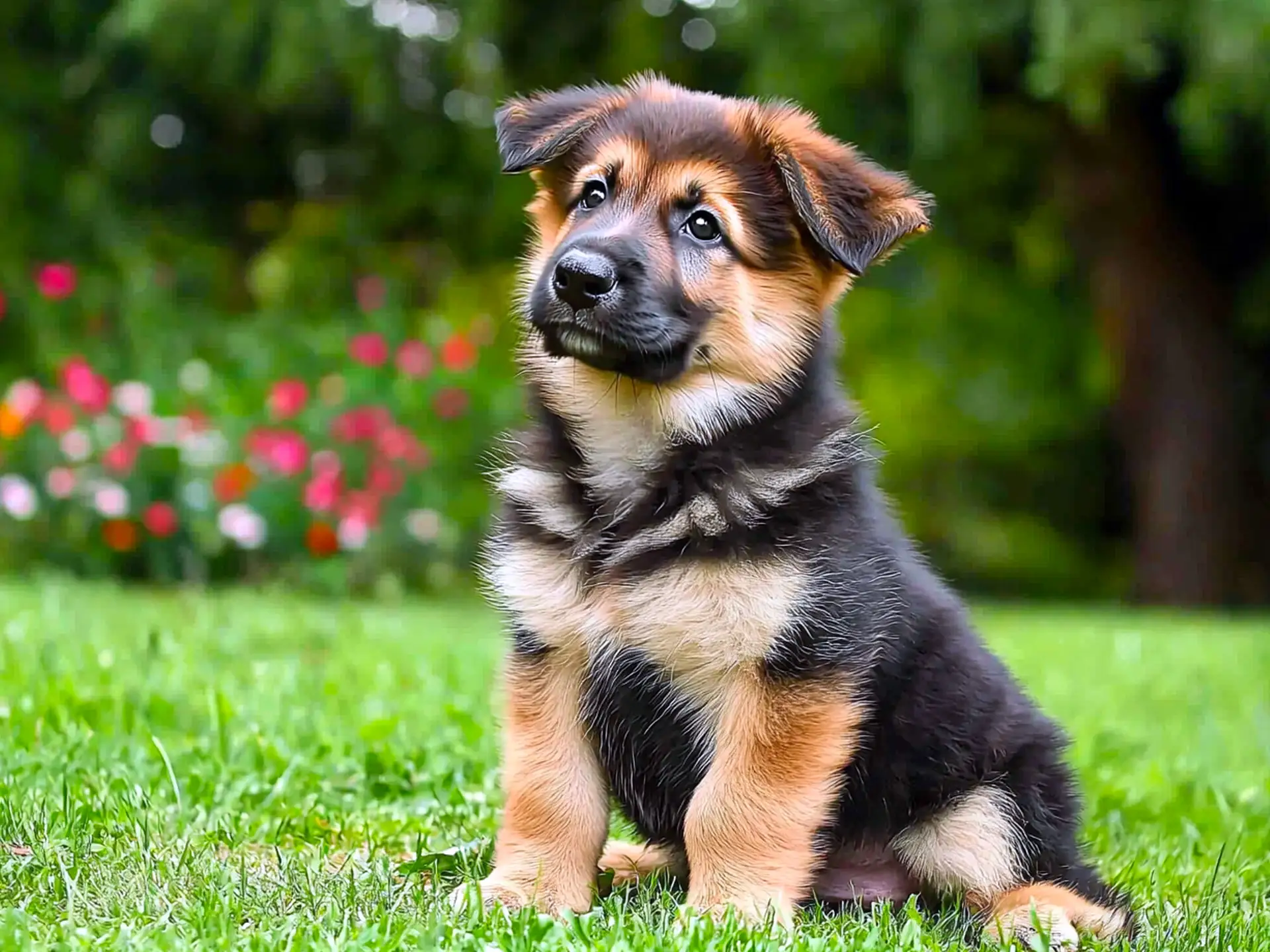 Adorable 6-week-old German Shepherd puppy sitting on lush green grass with colorful flowers in the background.