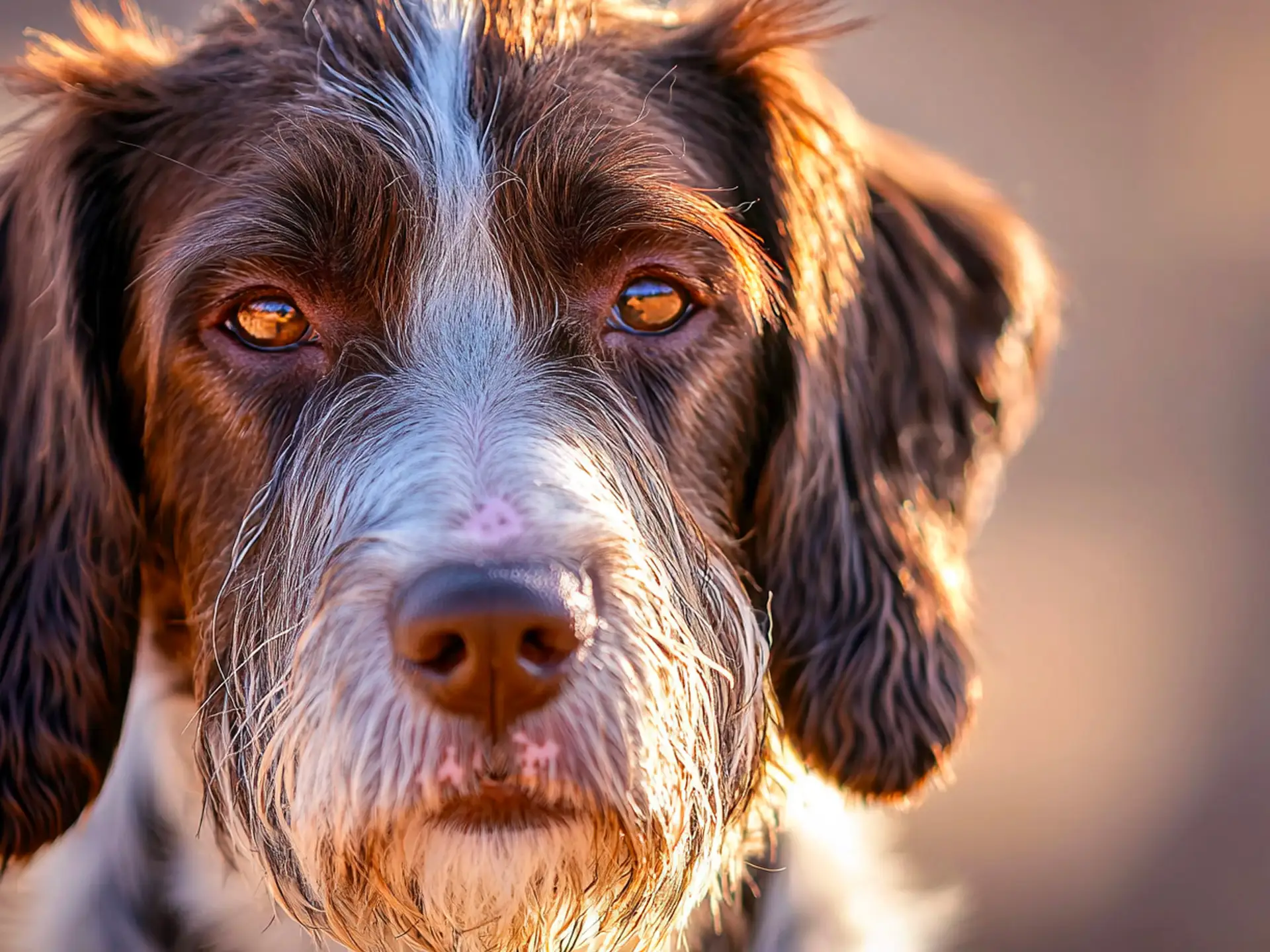 Close-up of a German Wirehaired Pointer with amber eyes and wiry fur.