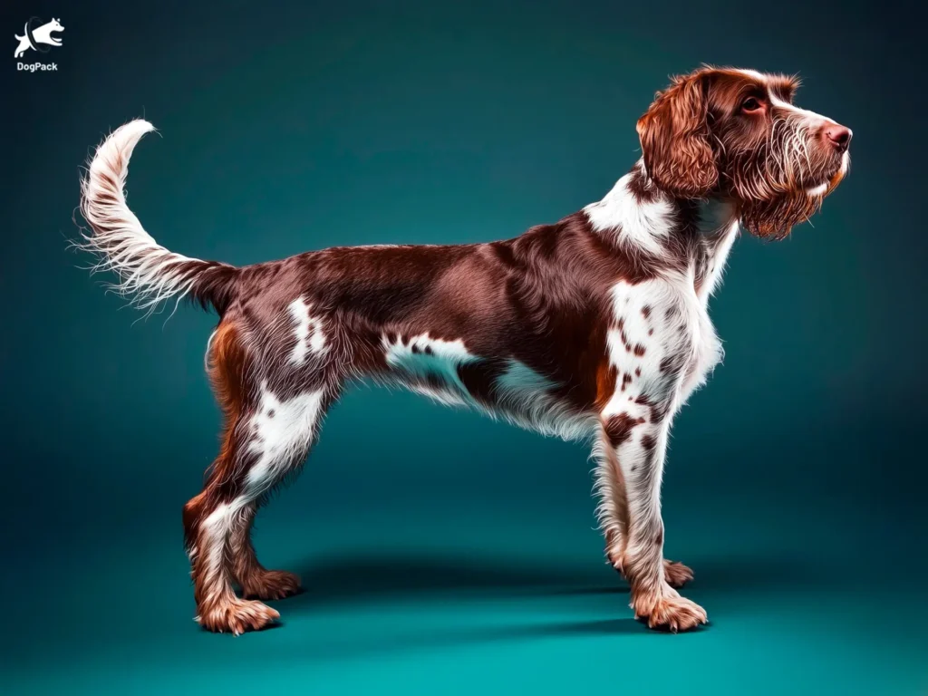 German Wirehaired Pointer Dog breed full body view standing against green background