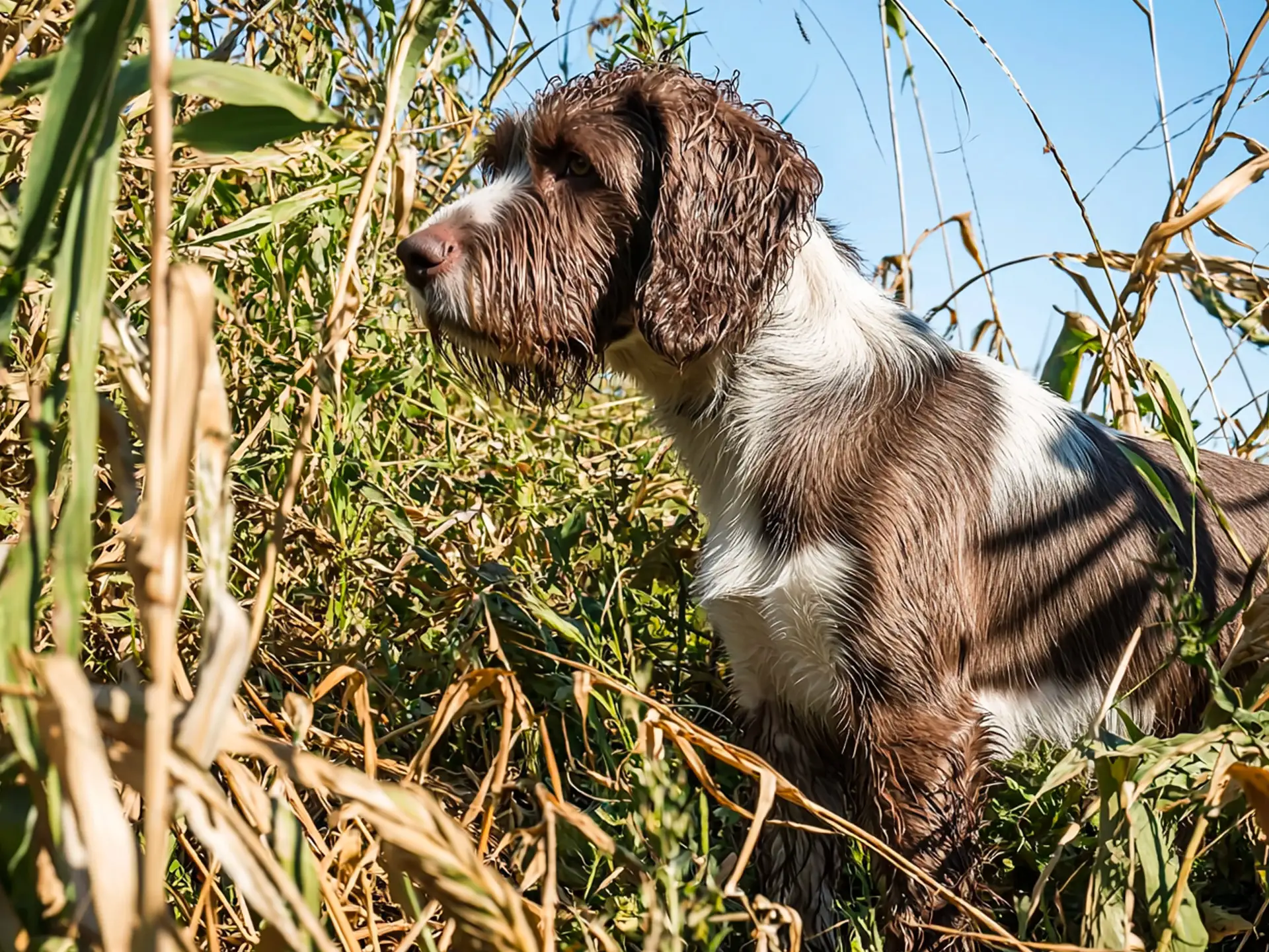 German Wirehaired Pointer in a field, attentively hunting in tall grass.