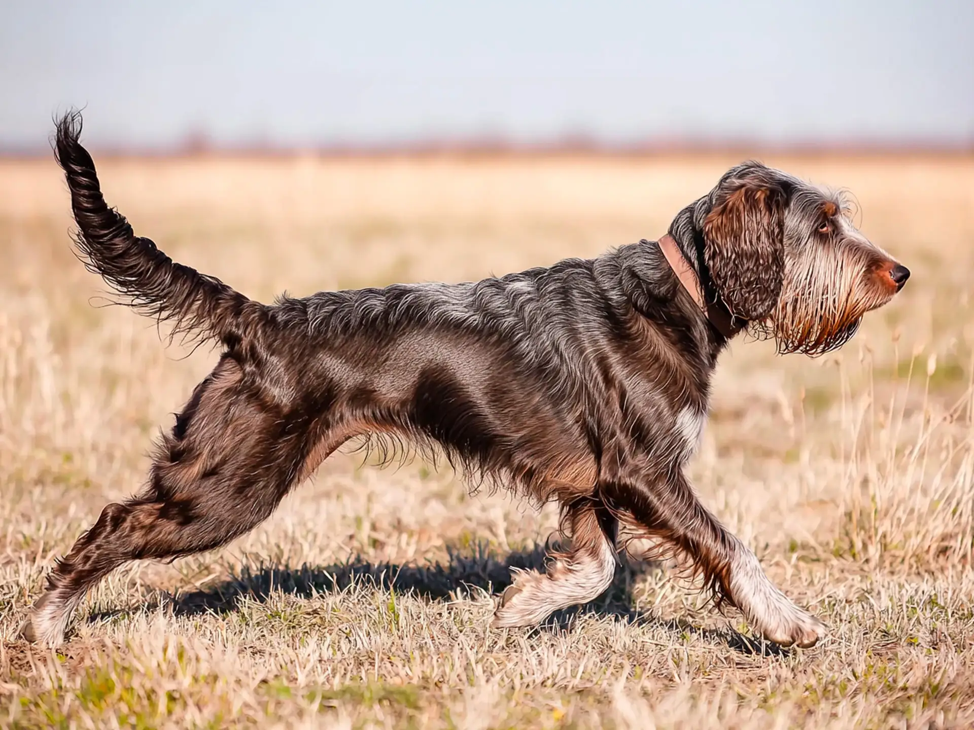 German Wirehaired Pointer mid-stride, running through an open field.