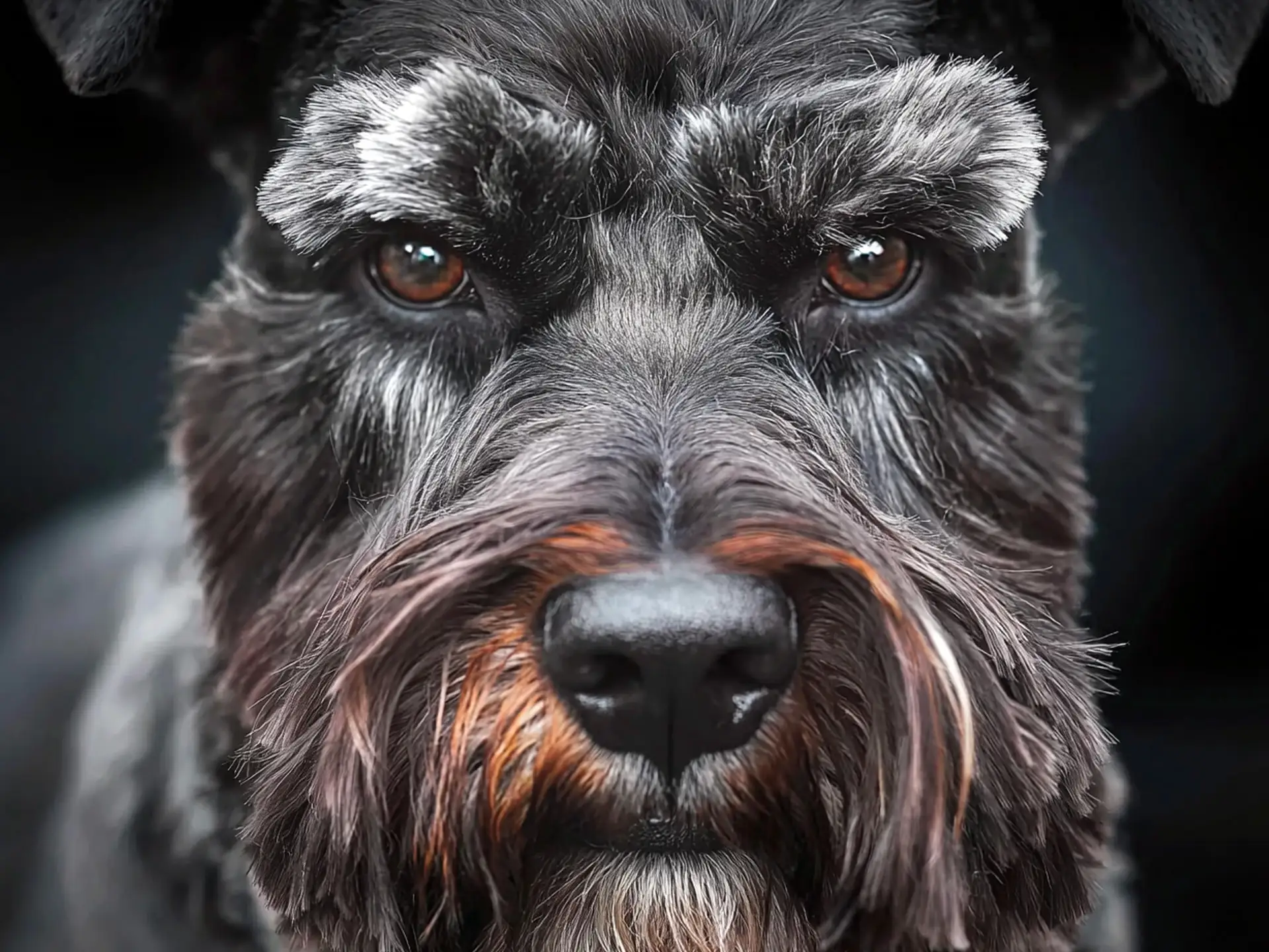 Close-up of a Giant Schnauzer’s face, highlighting its expressive dark eyes, bushy eyebrows, and distinctive wiry beard