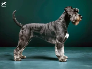 Giant Schnauzer Dog breed full body view standing against green background