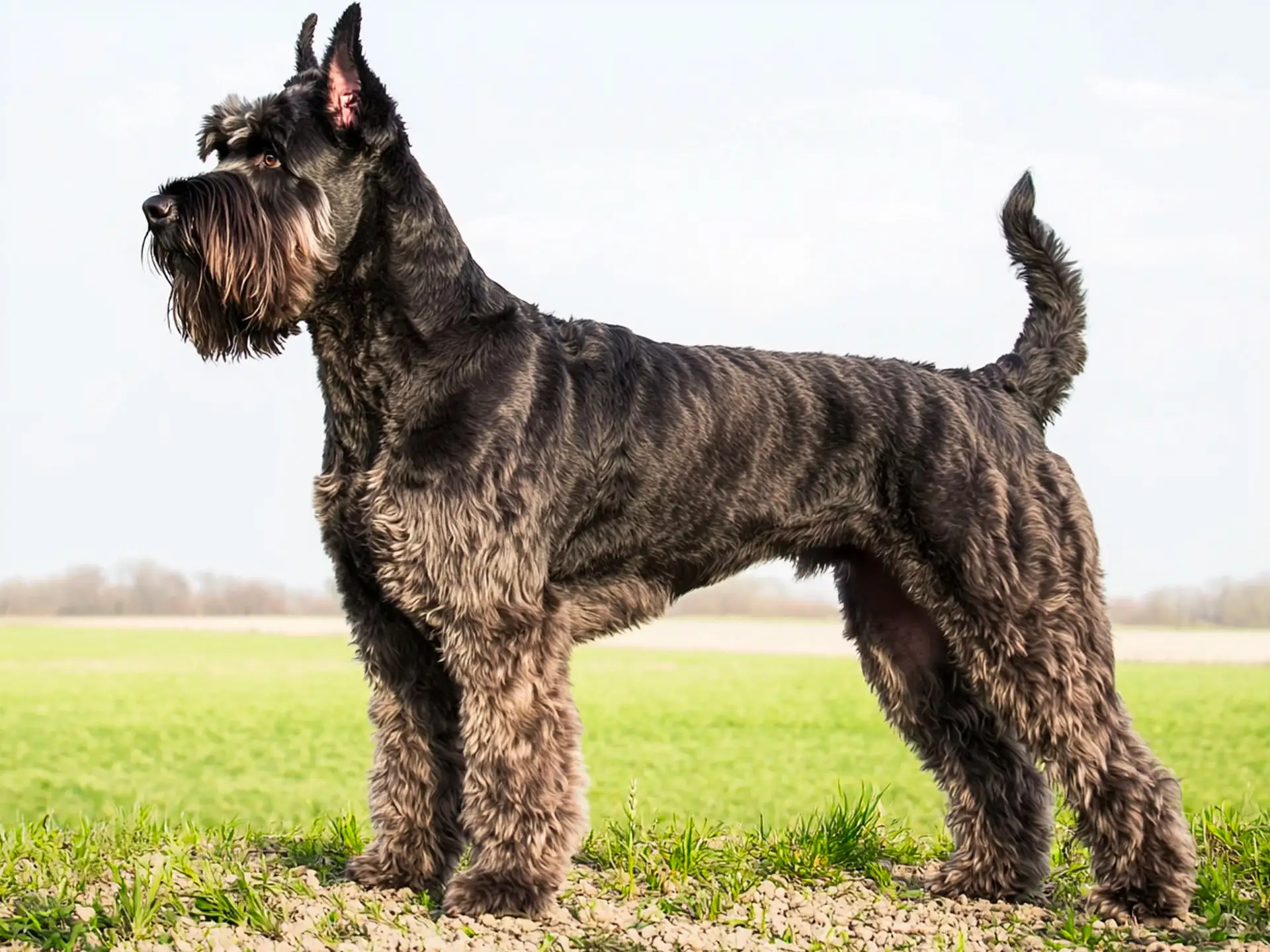 Giant Schnauzer standing in profile on a grassy field, showcasing its strong, muscular build and wiry black coat