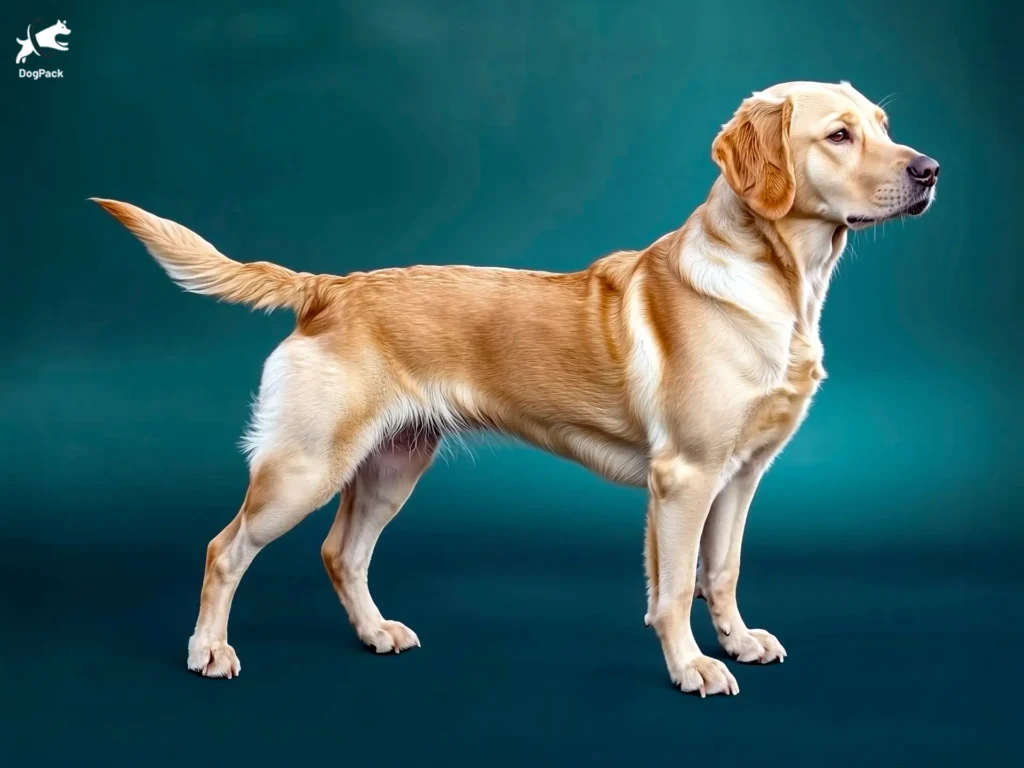 Goldador Dog breed full body view standing against green background