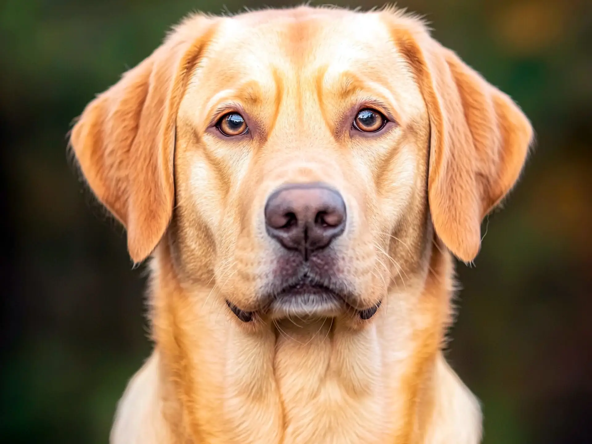 Close-up of a Goldador dog with a golden coat and brown eyes, looking directly at the camera