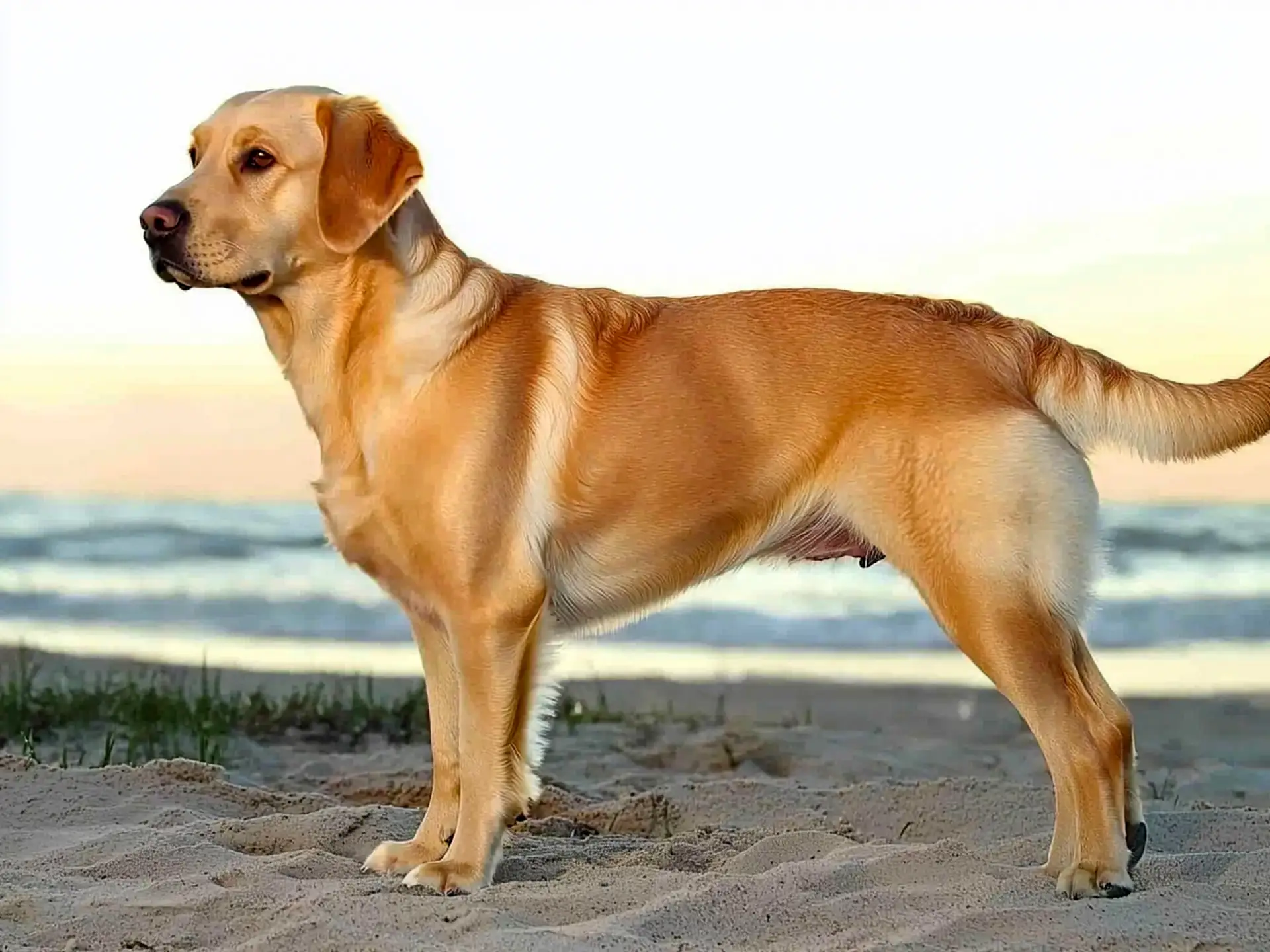 Goldador dog standing on a sandy beach at sunset, gazing into the distance