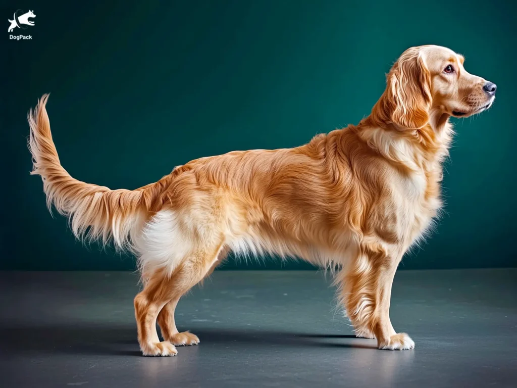 Golden Cocker Retriever Dog breed full body view standing against green background