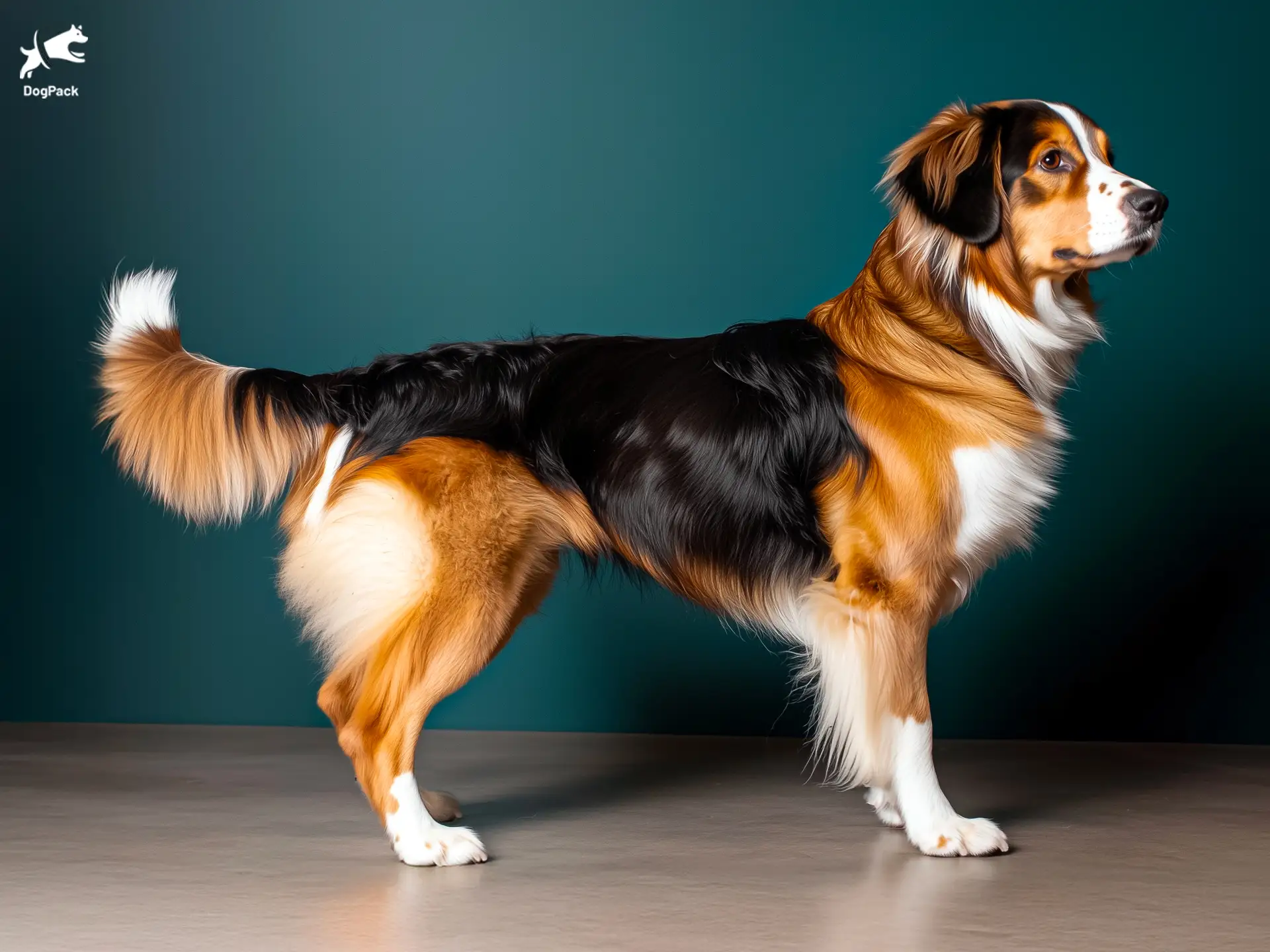 Golden Mountain Dog breed full body view standing against green background