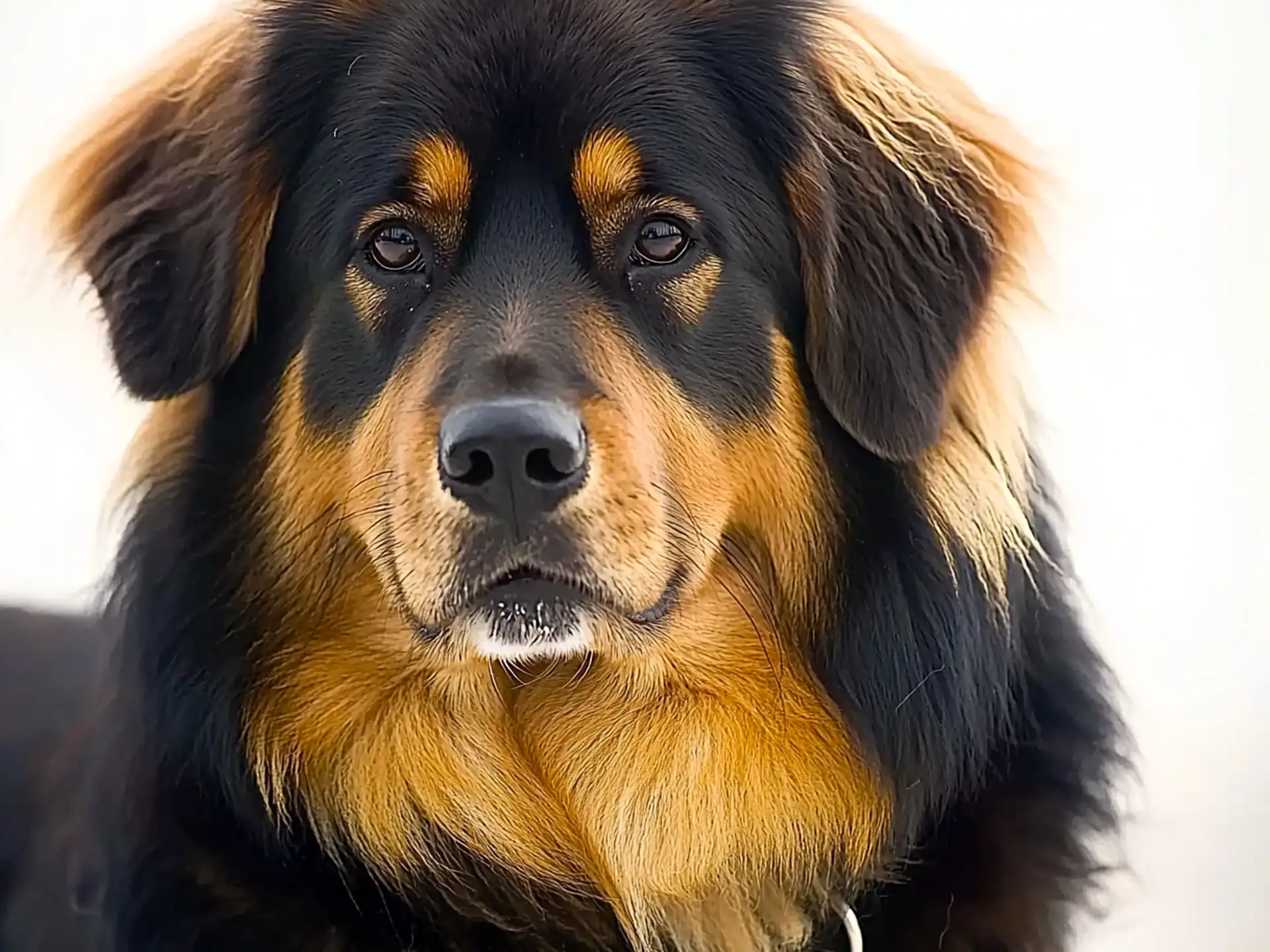 Close-up of a Golden Mountain Dog with a thick black and tan coat, gentle brown eyes, and fluffy ears, showcasing its Bernese Mountain Dog and Golden Retriever heritage