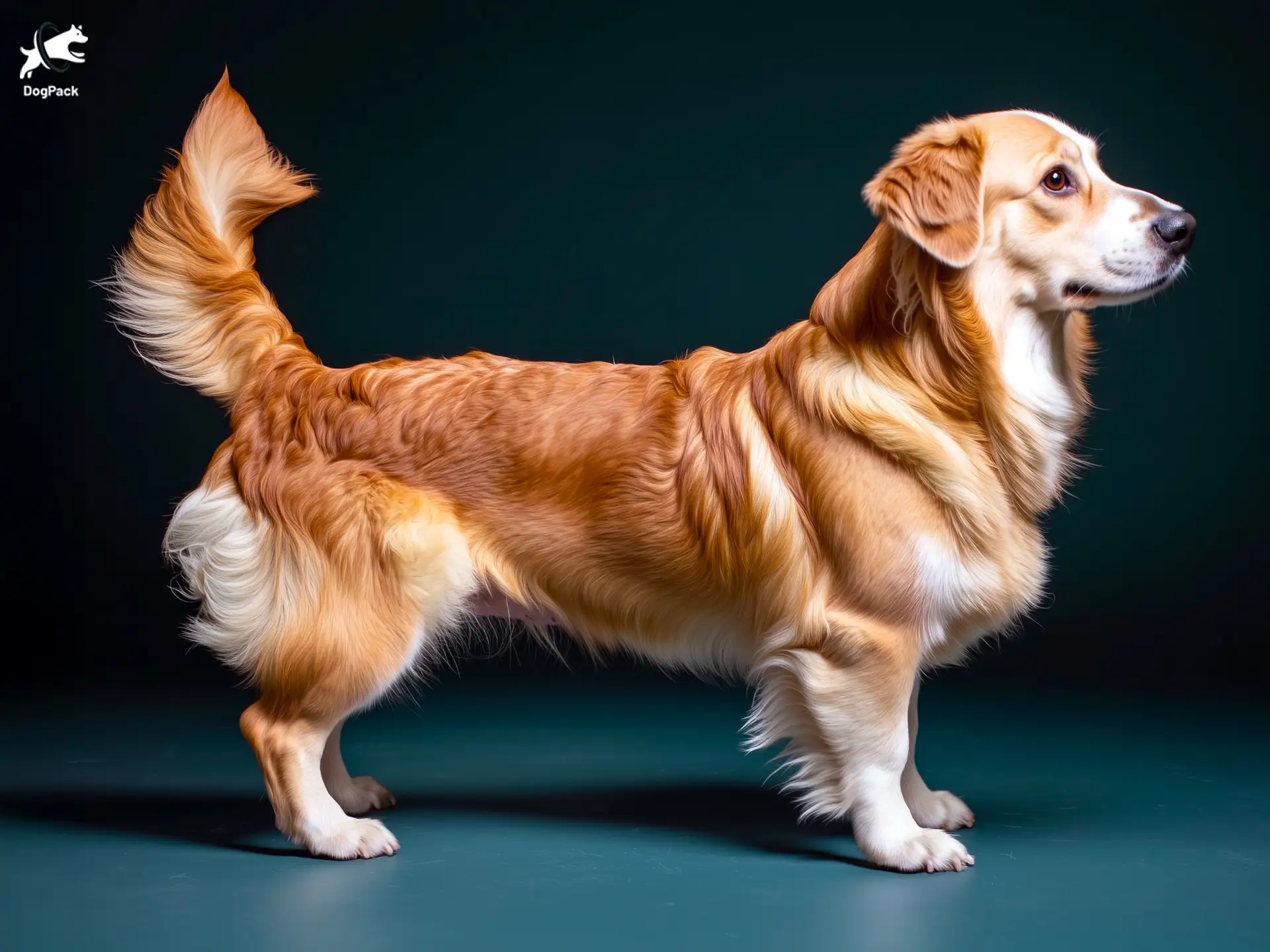 Golden Retriever Corgi Dog breed full body view standing against green background