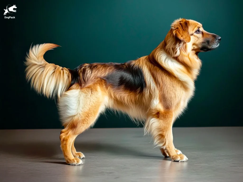 Golden Shepherd Dog breed full body view standing against green background