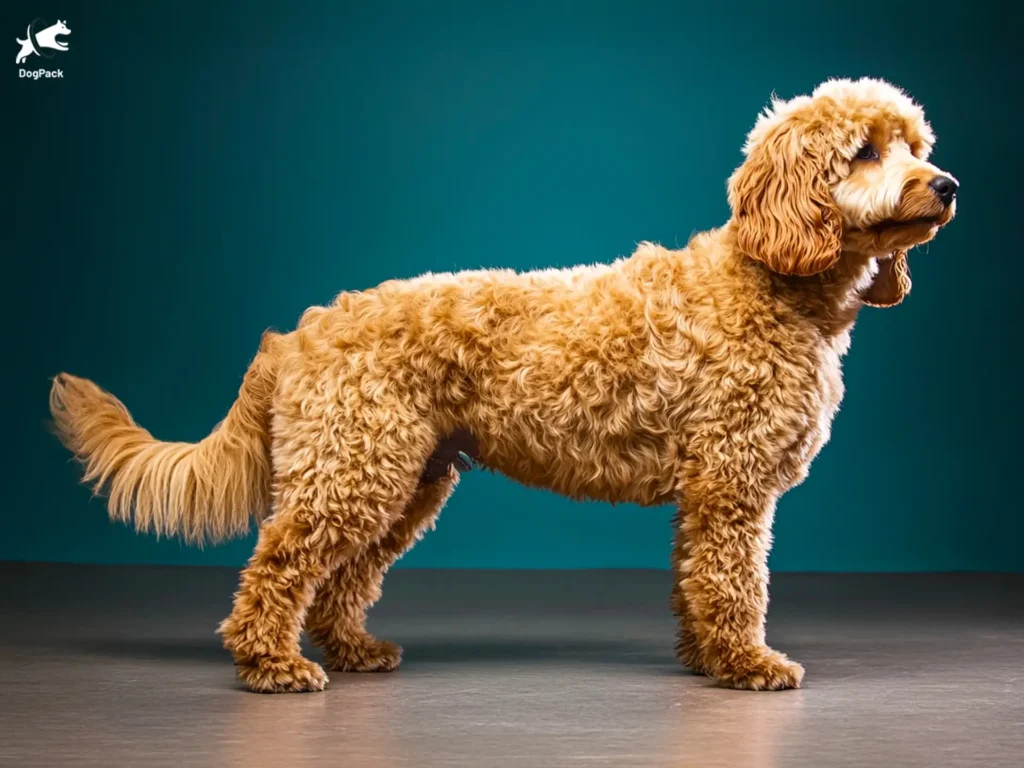 Goldendoodle Dog breed full body view standing against green background