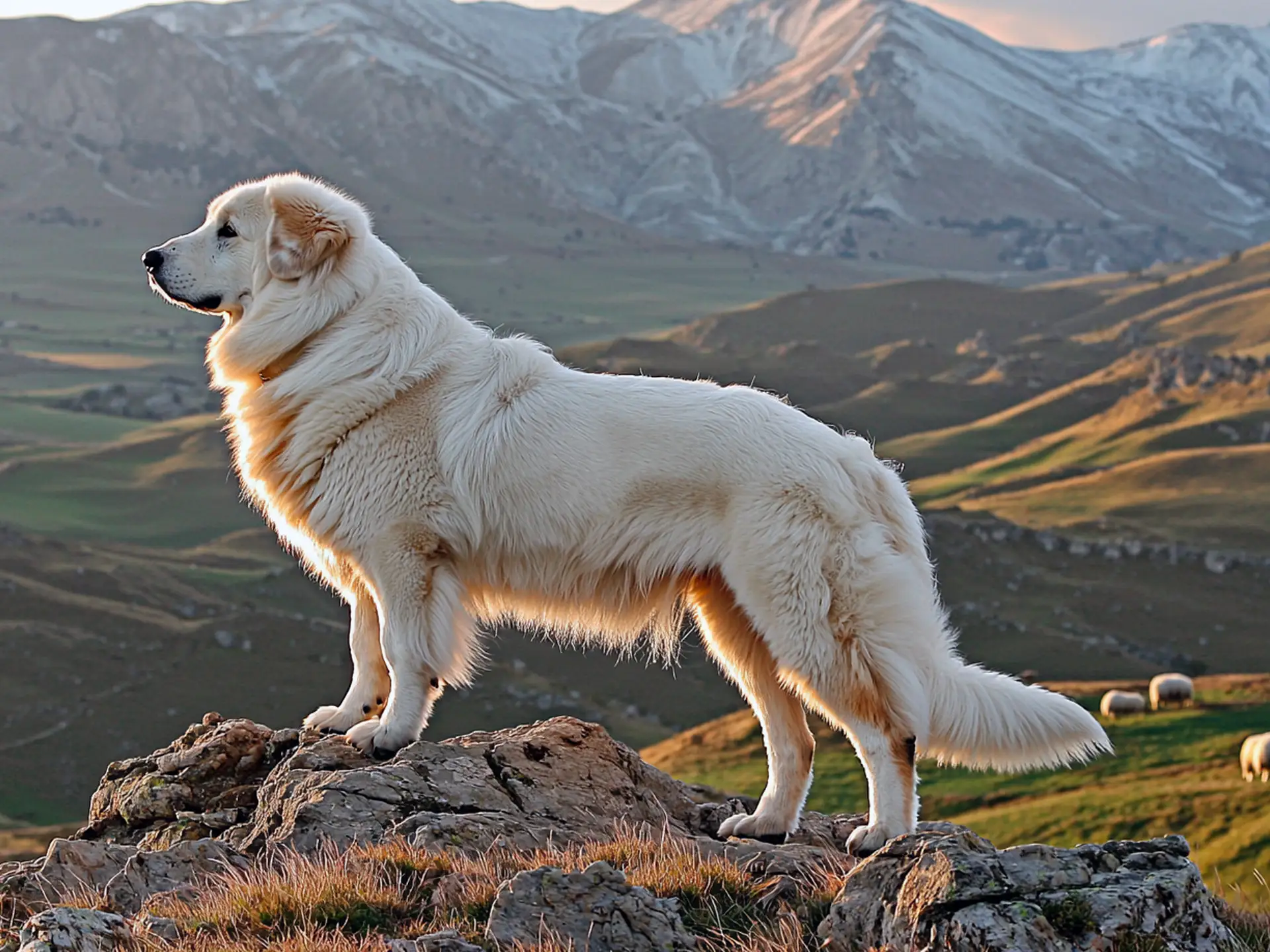 A 6-week-old Great Pyrenees puppy lying on a meadow filled with colorful wildflowers, looking curiously at the camera with soft white fur.