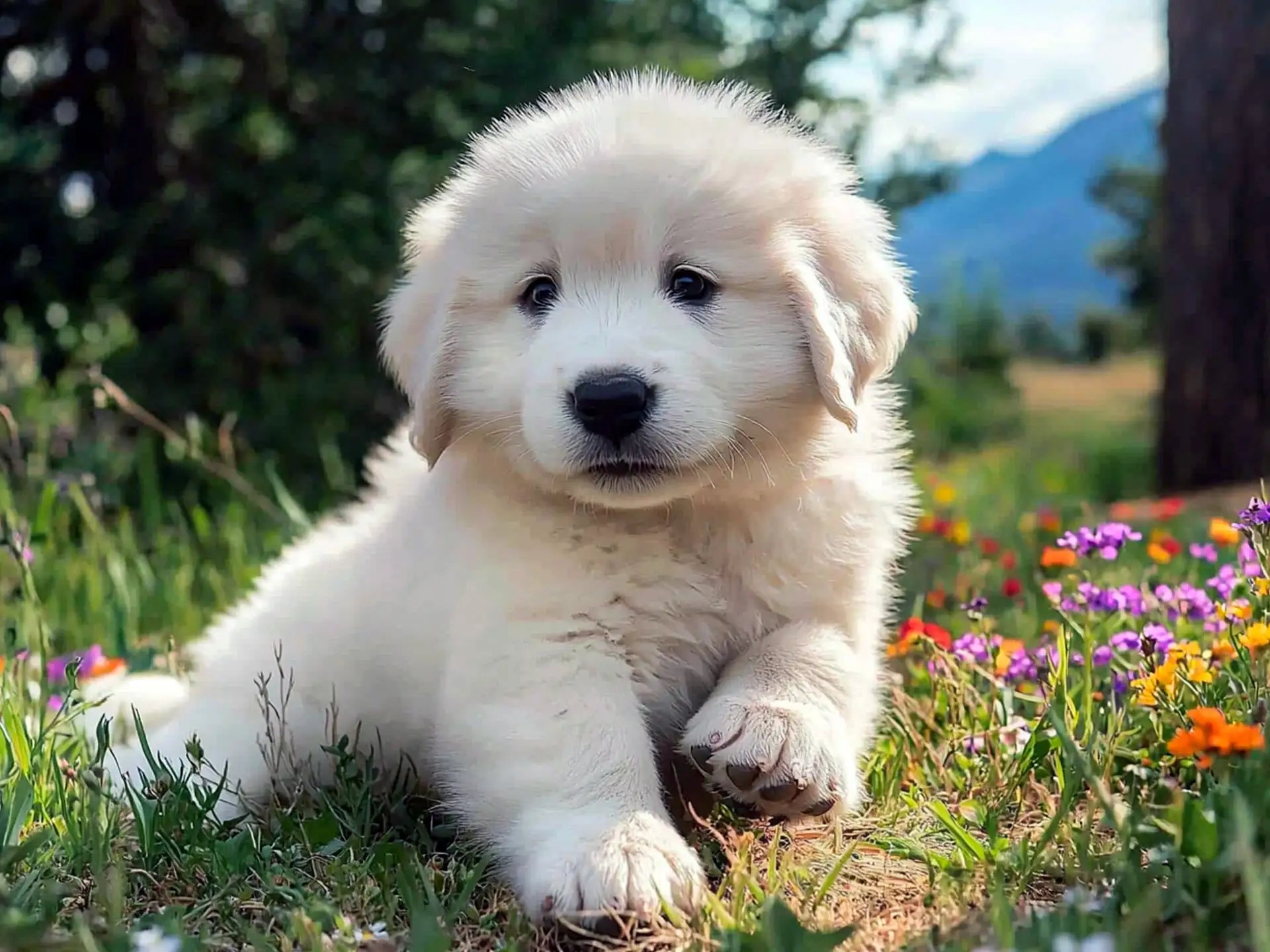 A 6-week-old Great Pyrenees puppy lying on a meadow filled with colorful wildflowers, looking curiously at the camera with soft white fur.