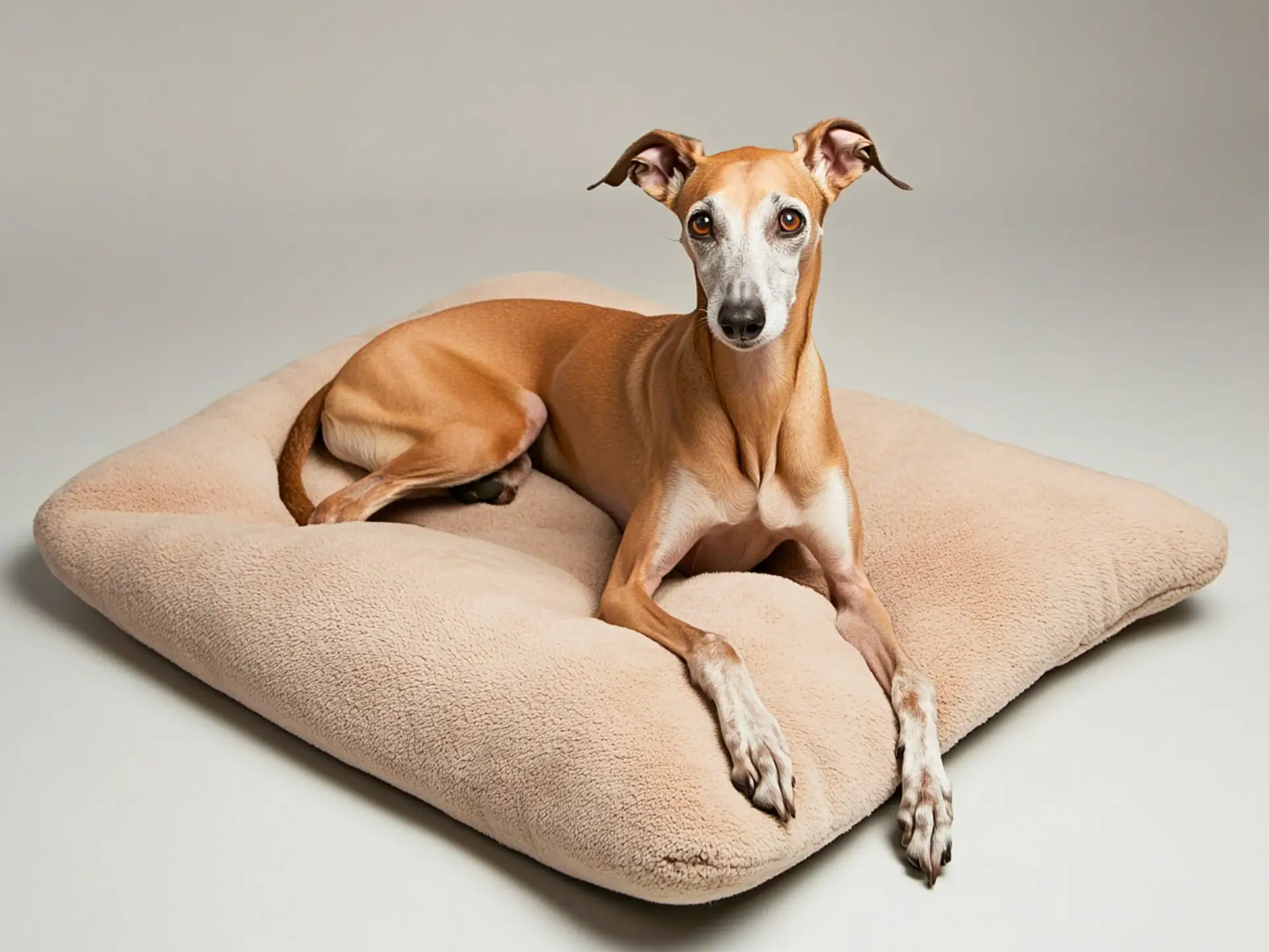 A relaxed Greyhound resting comfortably, representing a calm and gentle breed suitable for beginners