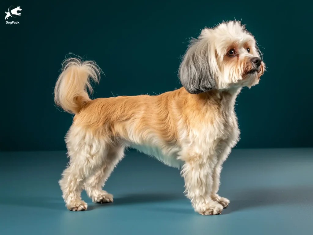 Havapoo Dog breed full body view standing against green background