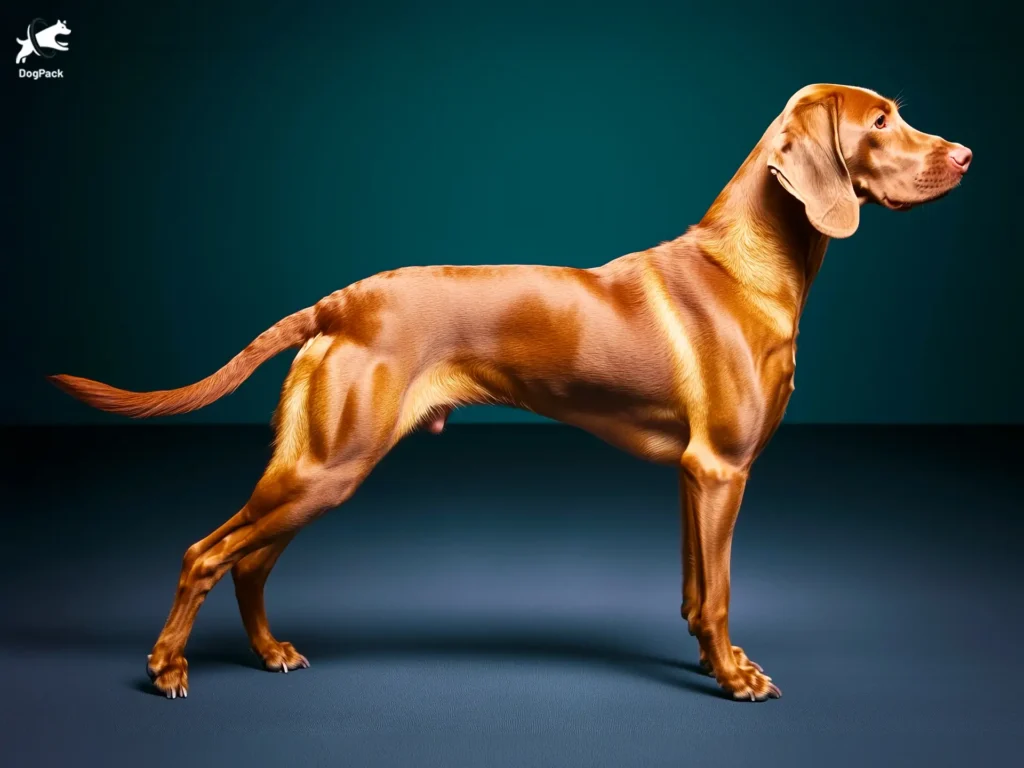 Hungarian Vizsla Dog breed full body view standing against green background