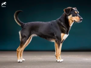 Huntaway Dog breed full body view standing against green background