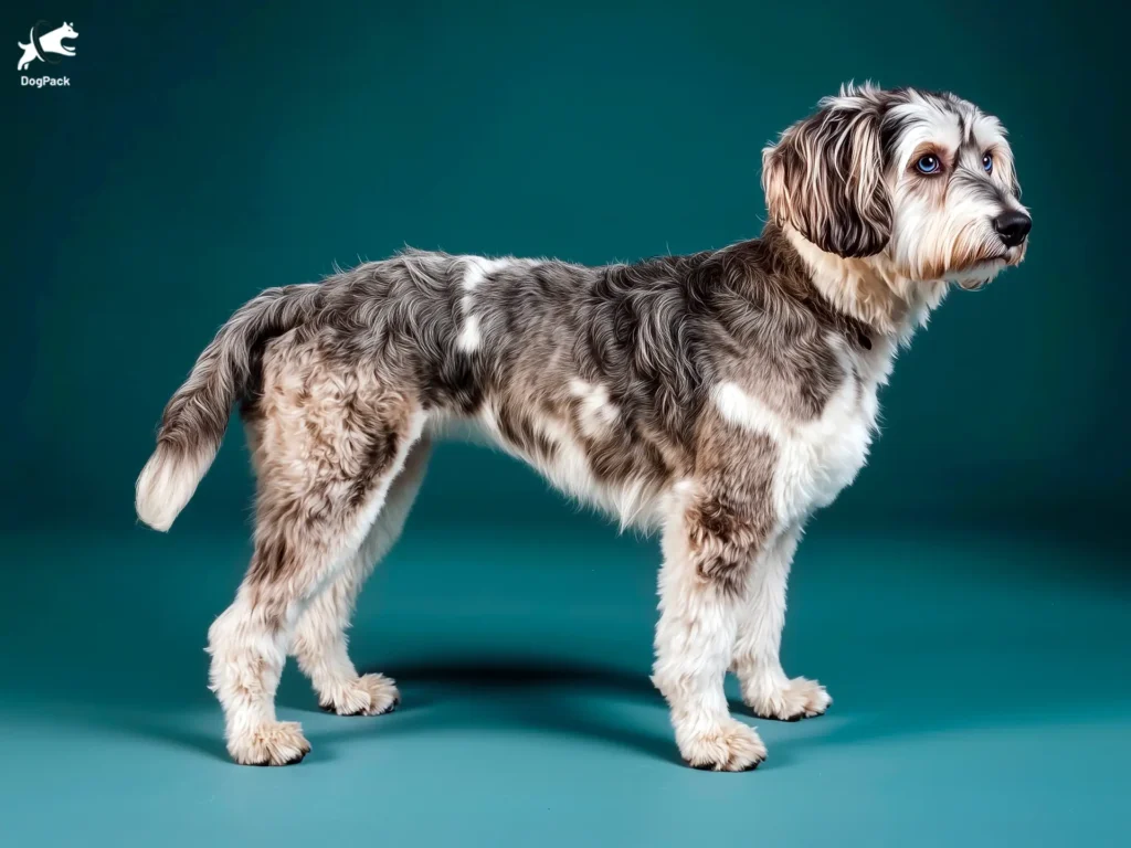 Huskydoodle Dog breed full body view standing against green background