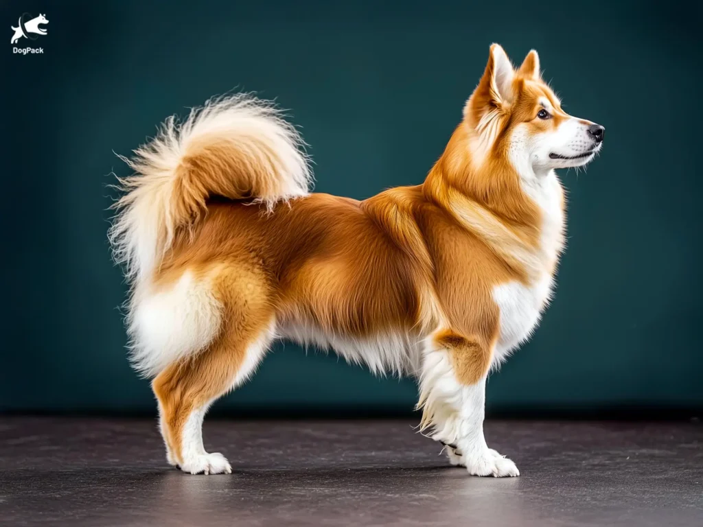 Icelandic Sheepdog Dog breed full body view standing against green background