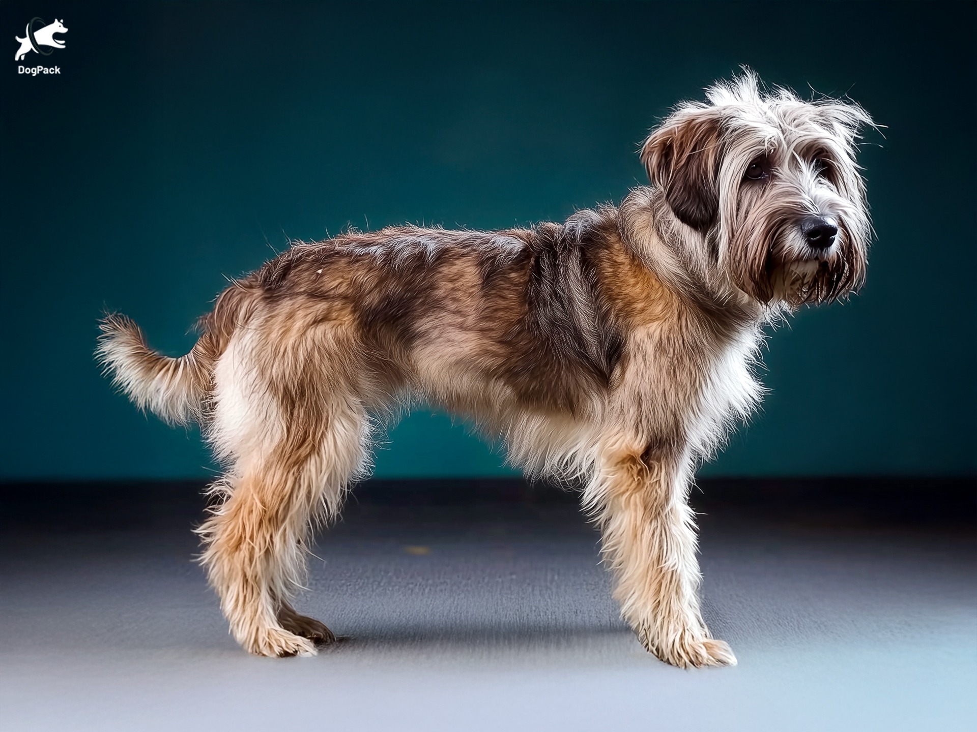 Idaho Shag Dog breed full body view standing against green background