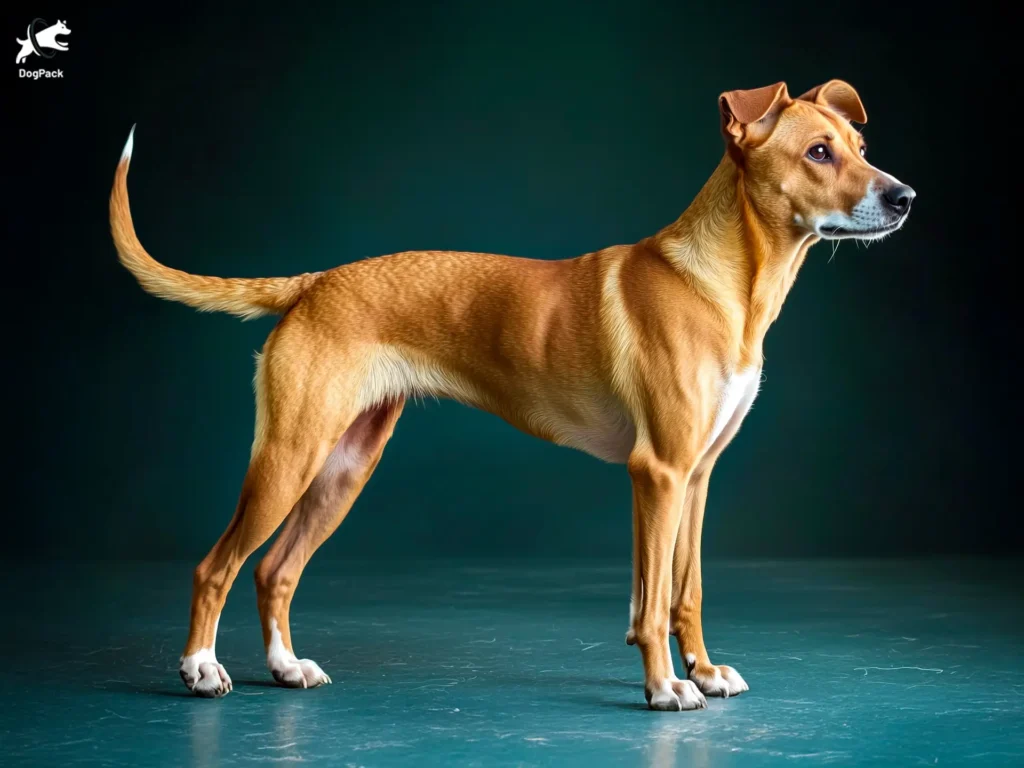 Indian Pariah Dog - Desi Dog breed full body view standing against green background