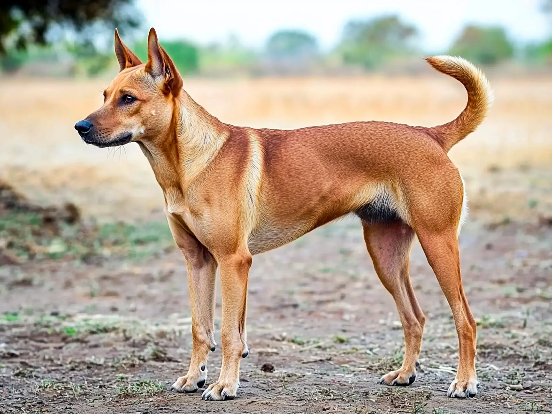 Indian Pariah Dog standing alert in an open field, showcasing its lean and muscular build