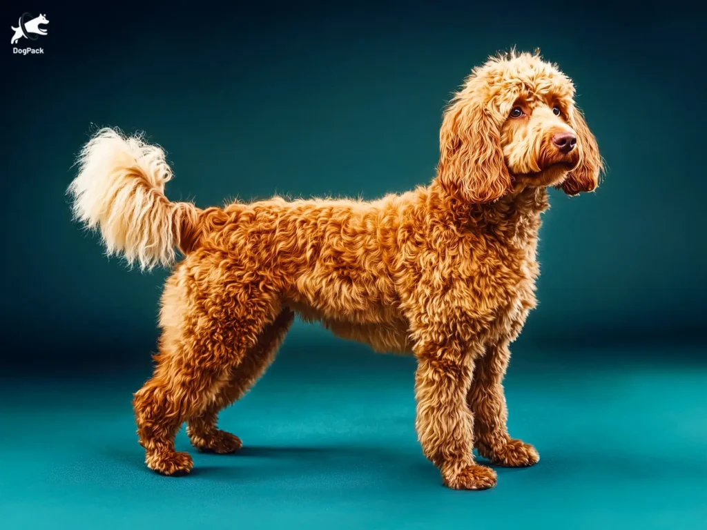 Irish Doodle Dog breed full body view standing against green background