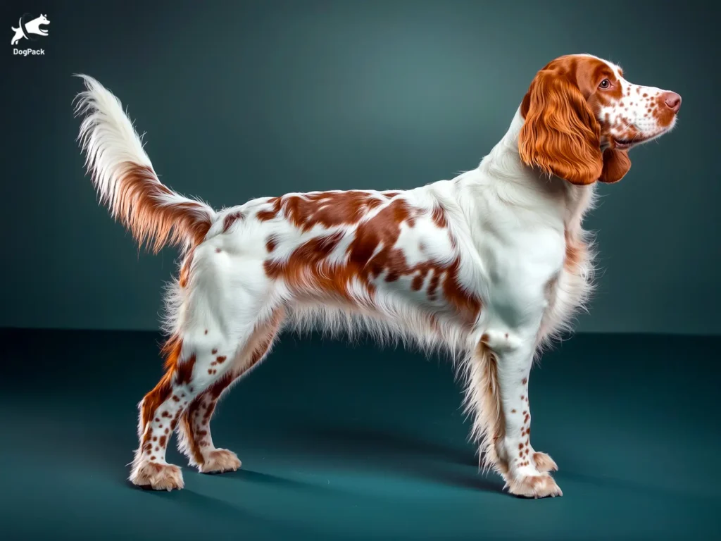 Irish Red and White Setter Dog breed full body view standing against green background