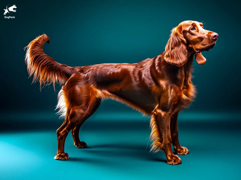 Irish Setter Dog breed full body view standing against green background