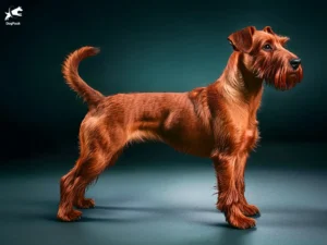 Irish Terrier Dog breed full body view standing against green background