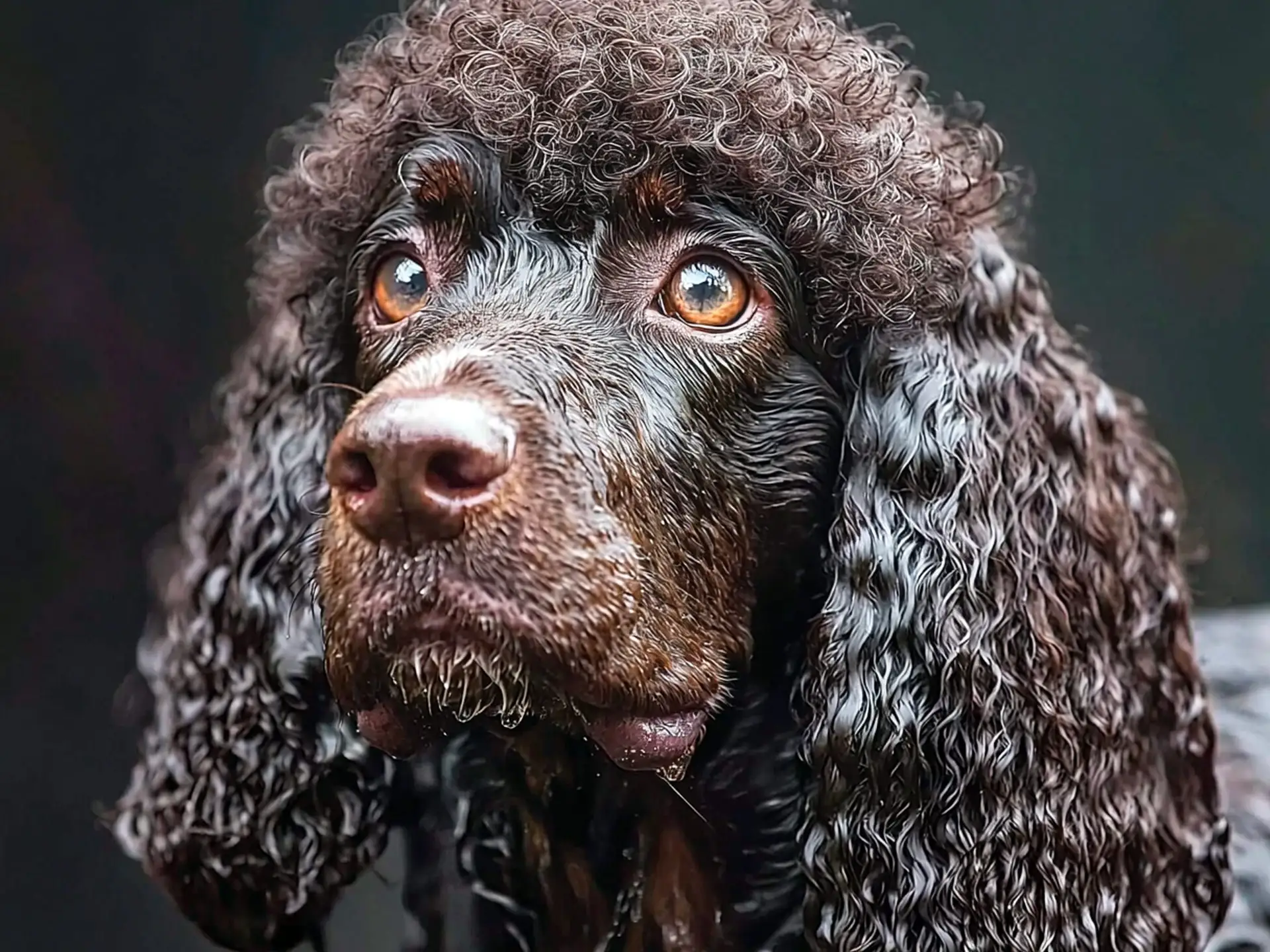 Close-up of an Irish Water Spaniel with curly brown fur and expressive amber eyes. The wet coat highlights the breed’s distinct texture and water-resistant qualities.