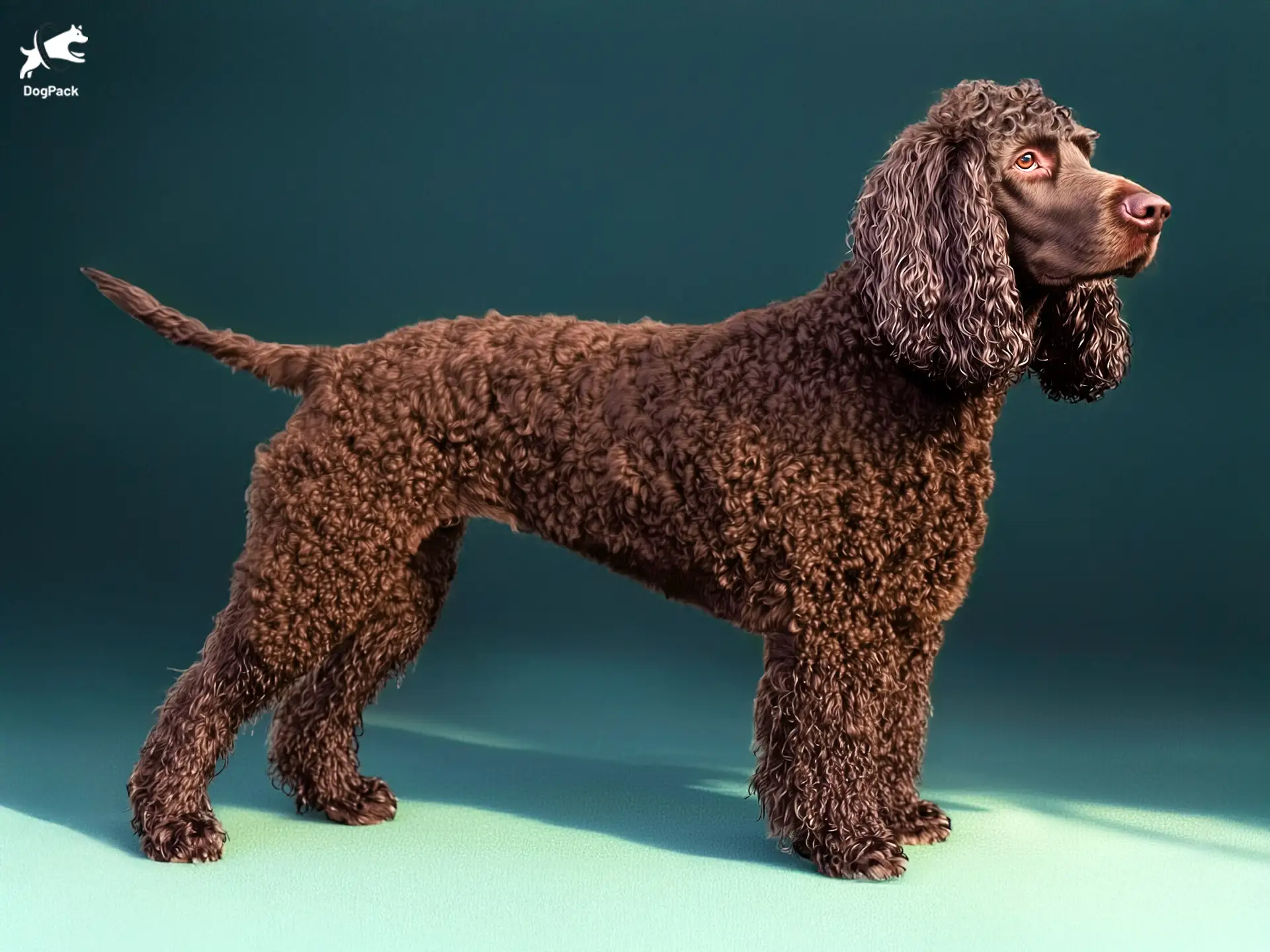 Irish Water Spaniel Dog breed full body view standing against green background