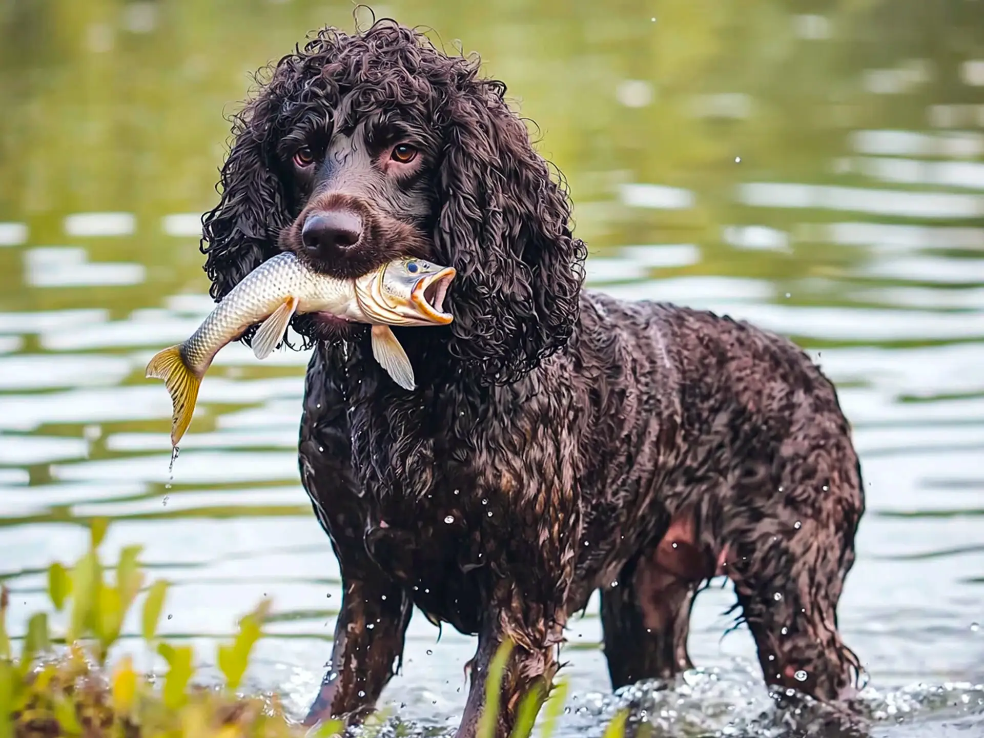 Irish Water Spaniel retrieving a fish from a lake, showcasing its natural hunting and retrieving skills. The curly coat is soaked, emphasizing the breed’s love for water.