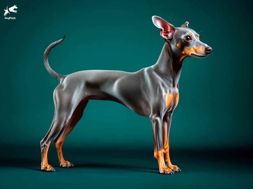 Italian Grey Min Pin Dog breed full body view standing against green background