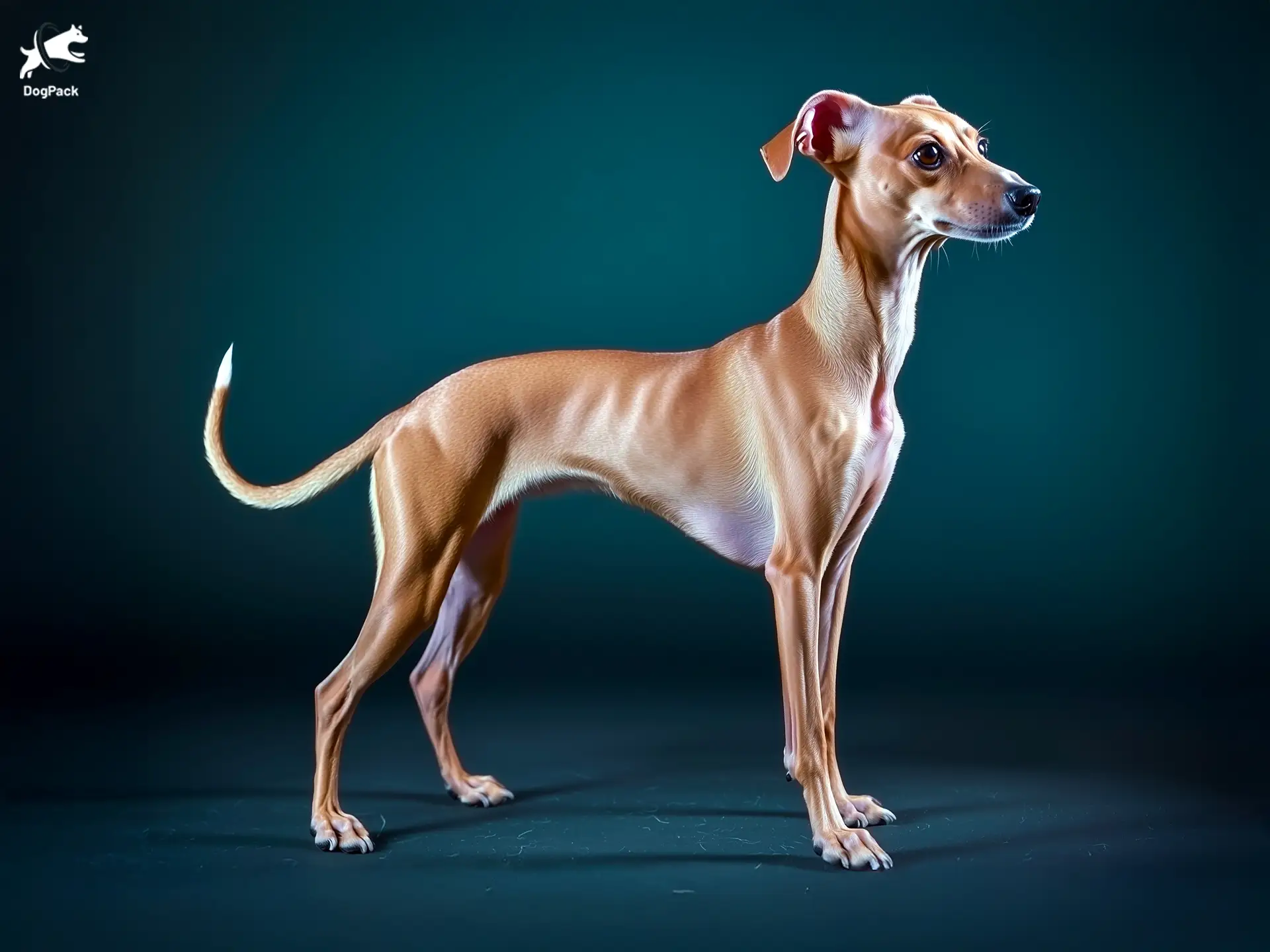 Italian Greyhound Dog breed full body view standing against green background