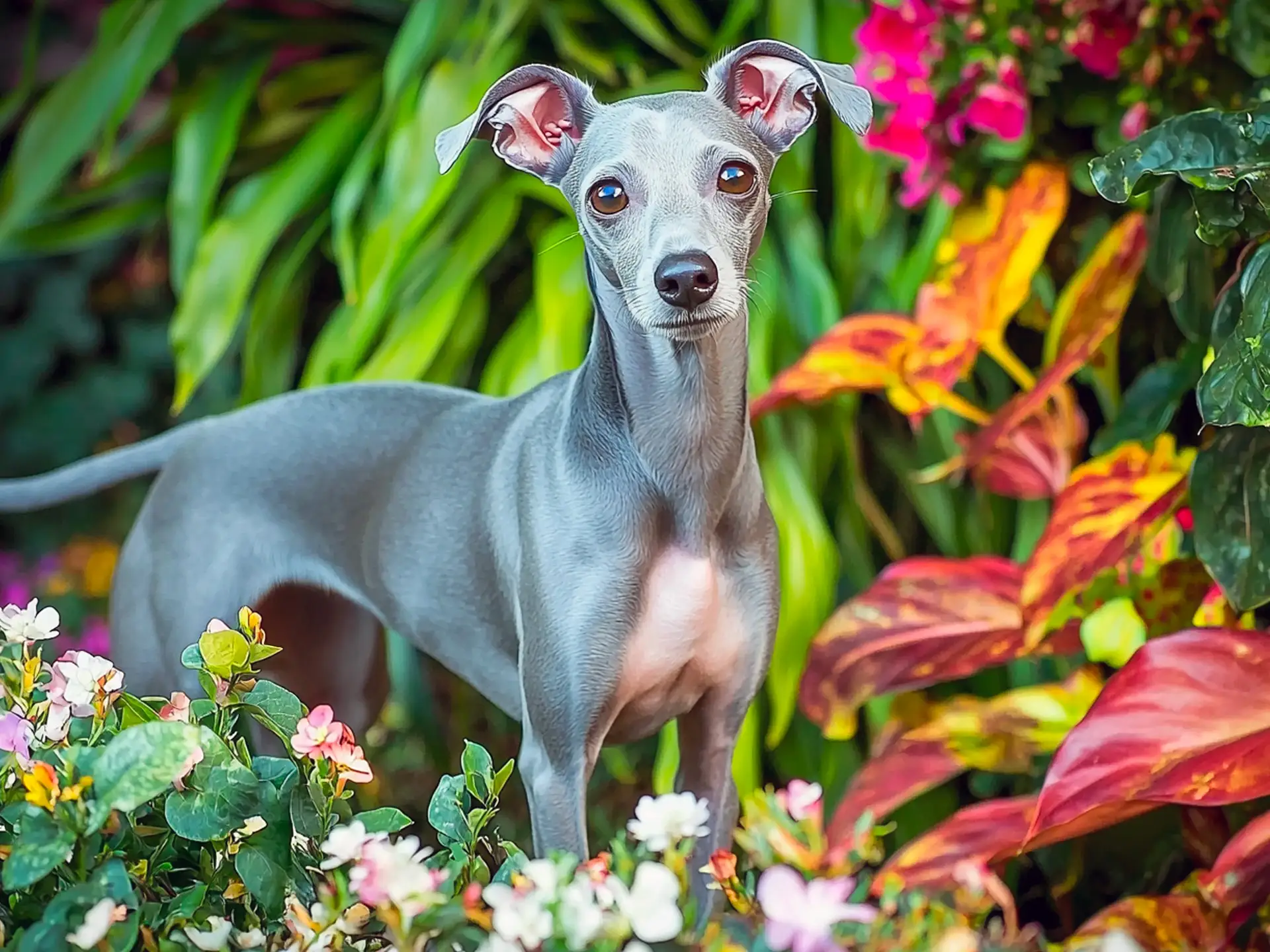 Italian Greyhound standing gracefully in a colorful garden, surrounded by flowers and lush green foliage.