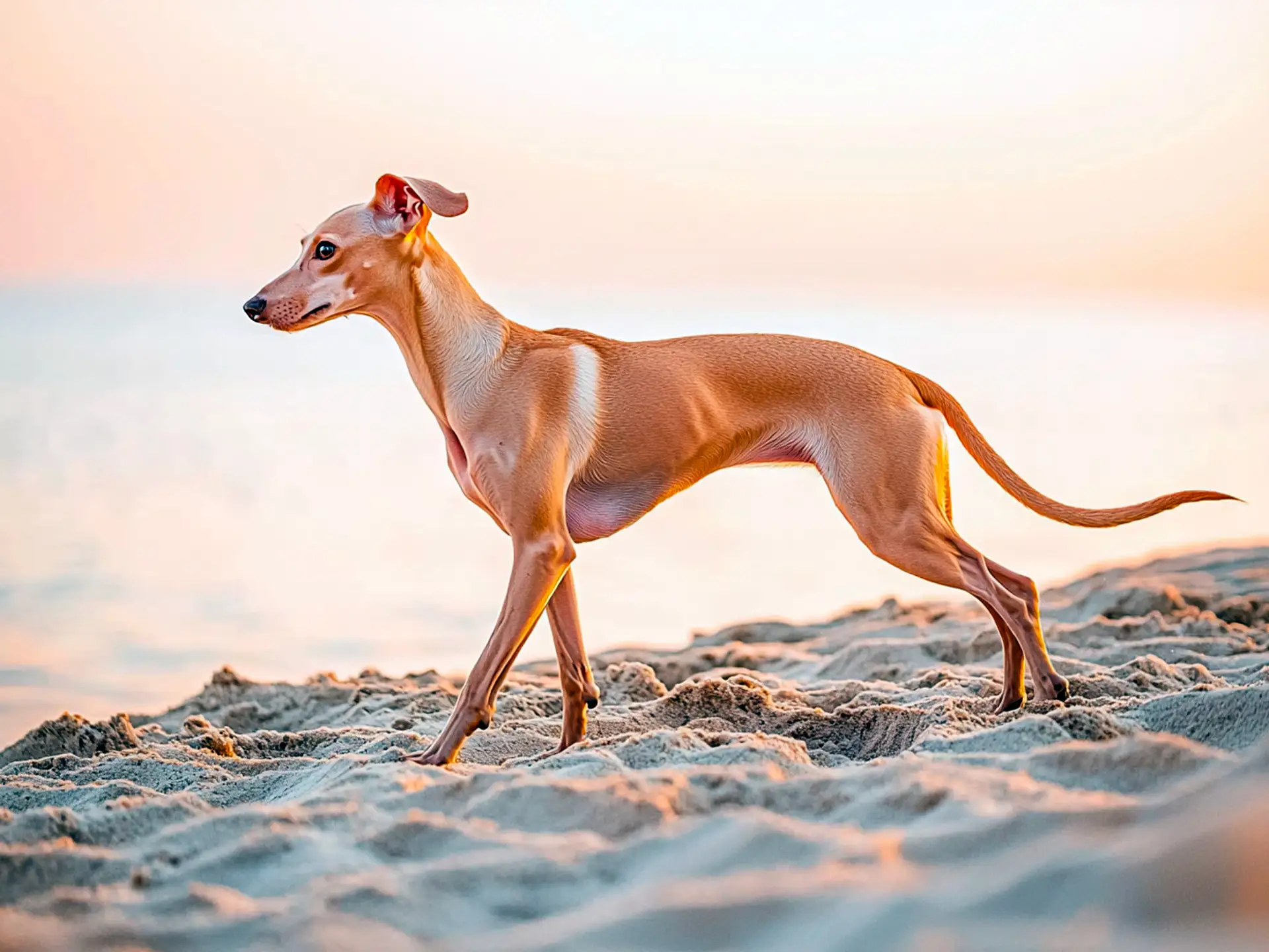 Italian Greyhound walking elegantly on the sandy beach at sunset, displaying its sleek and slender build.