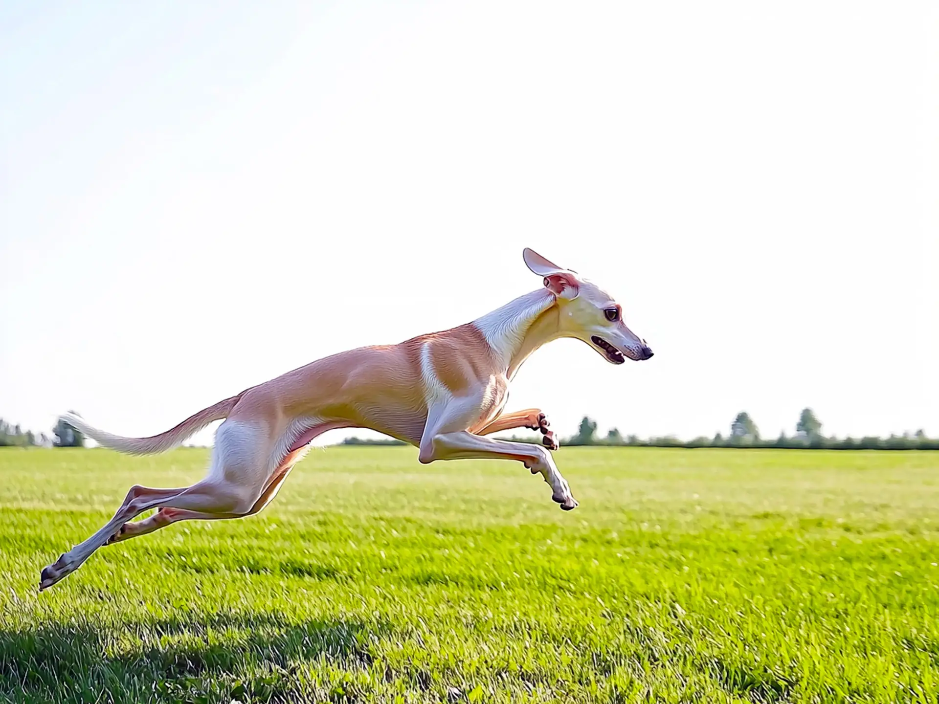 Italian Greyhound mid-leap across a grassy field, showcasing its agility and speed in full motion.