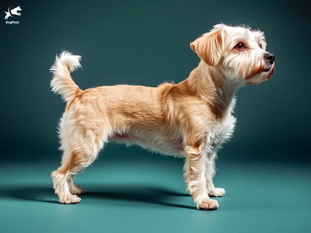 Jack-A-Poo Dog breed full body view standing against green background