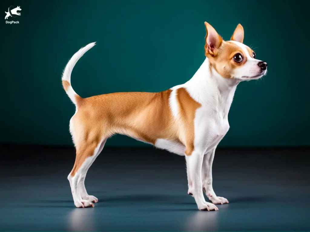 Jack Chi Dog breed full body view standing against green background