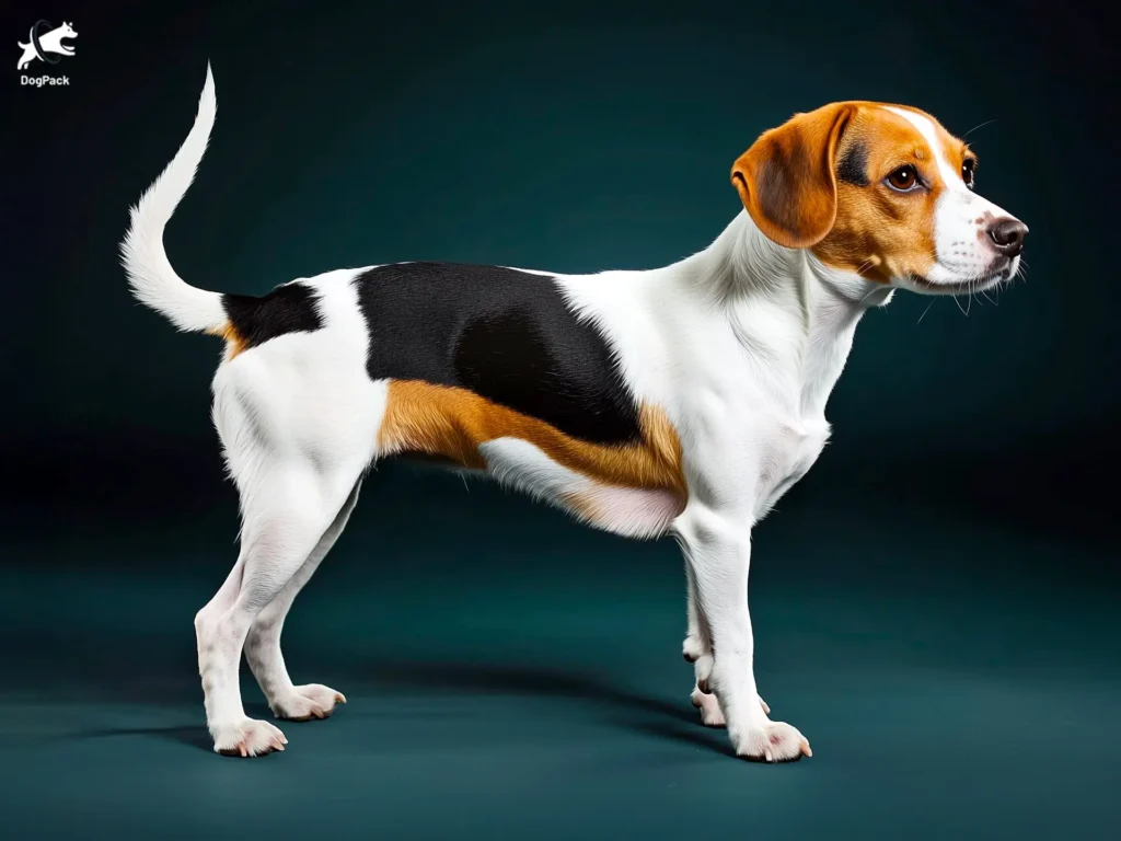 Jackabee Dog breed full body view standing against green background