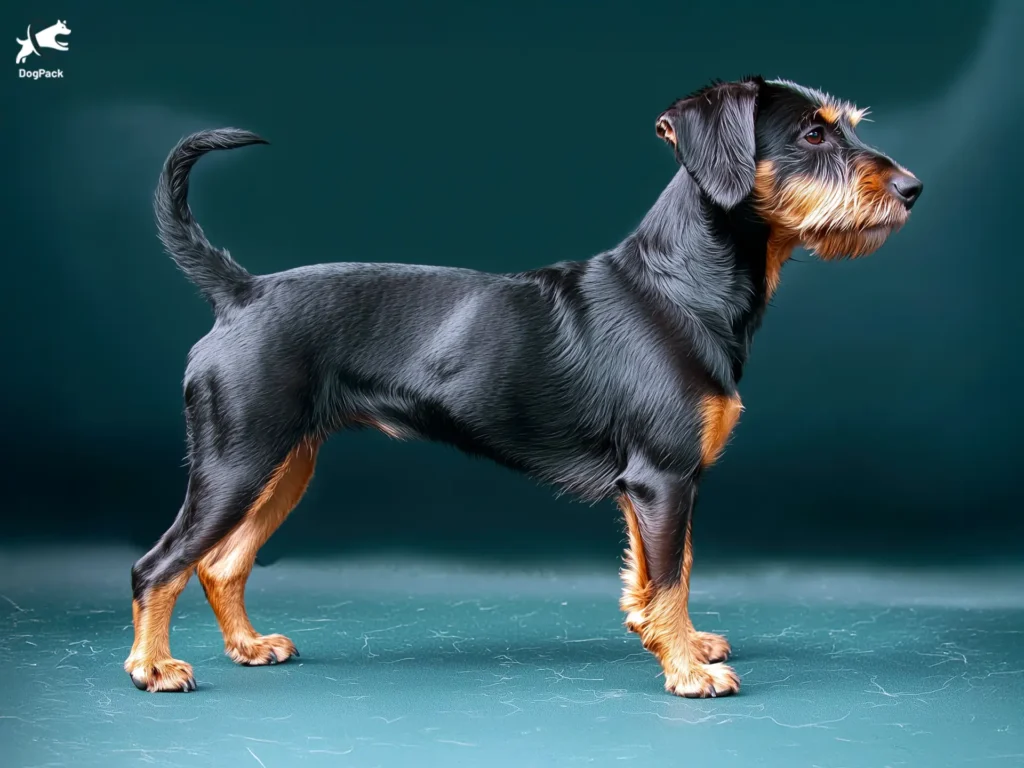 Smooth hair Jagdterrier Dog breed full body view standing against green background