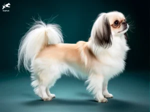 Japanese Chin (Spaniel) Dog breed full body view standing against green background